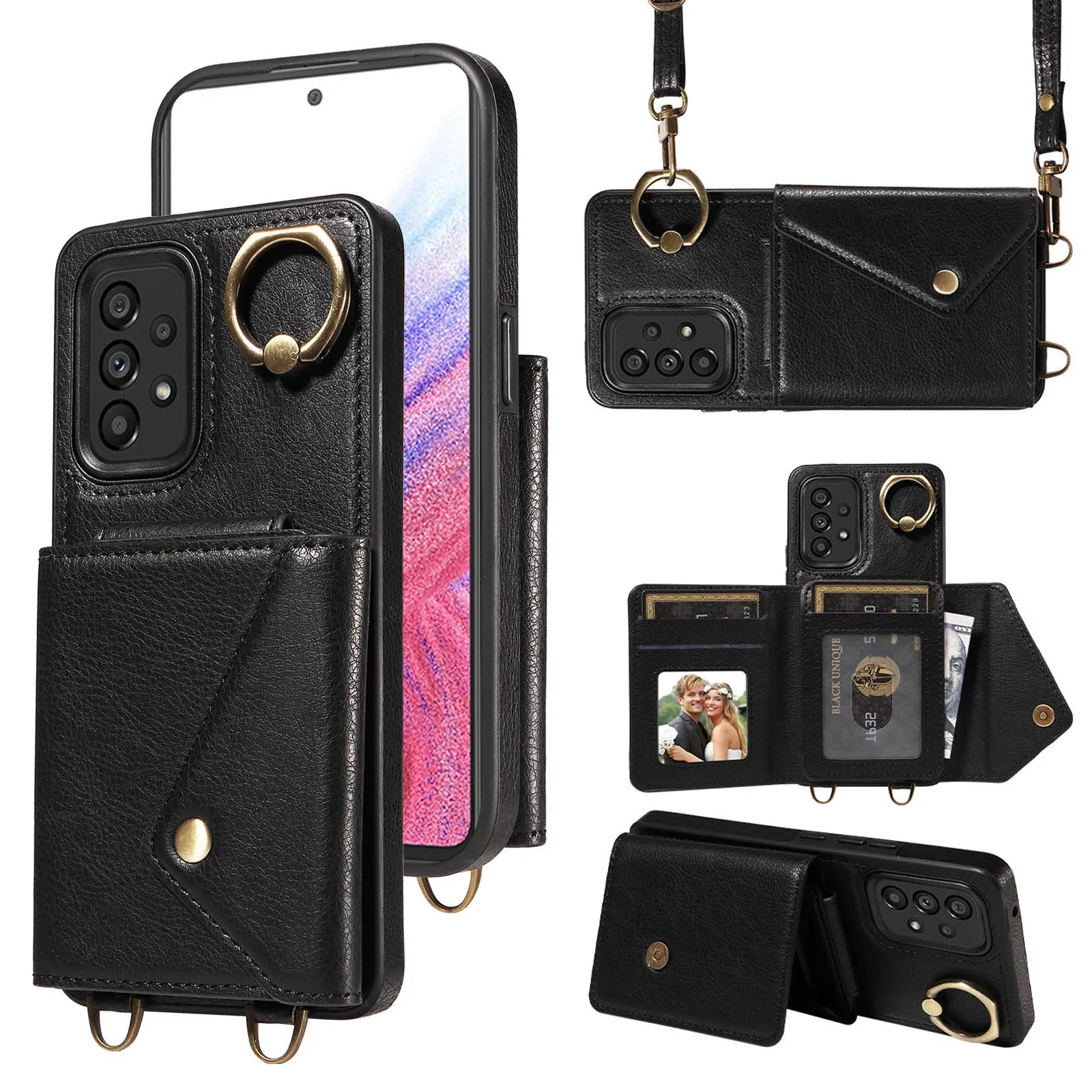 002 For Samsung Galaxy A53 5G Card Bag Cover Ring Kickstand Litchi Texture Leather TPU Phone Case with Shoulder Strap