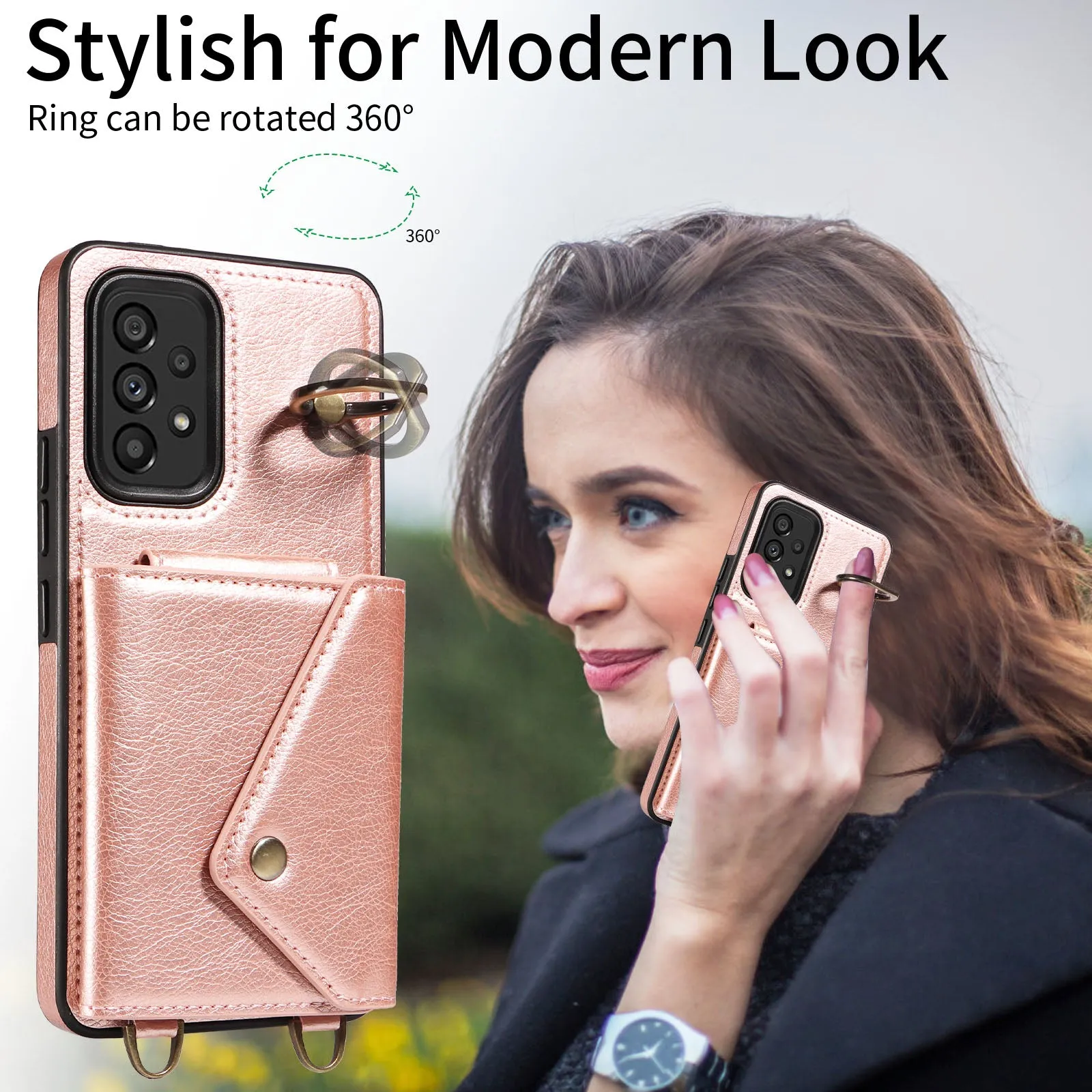 002 For Samsung Galaxy A53 5G Card Bag Cover Ring Kickstand Litchi Texture Leather TPU Phone Case with Shoulder Strap