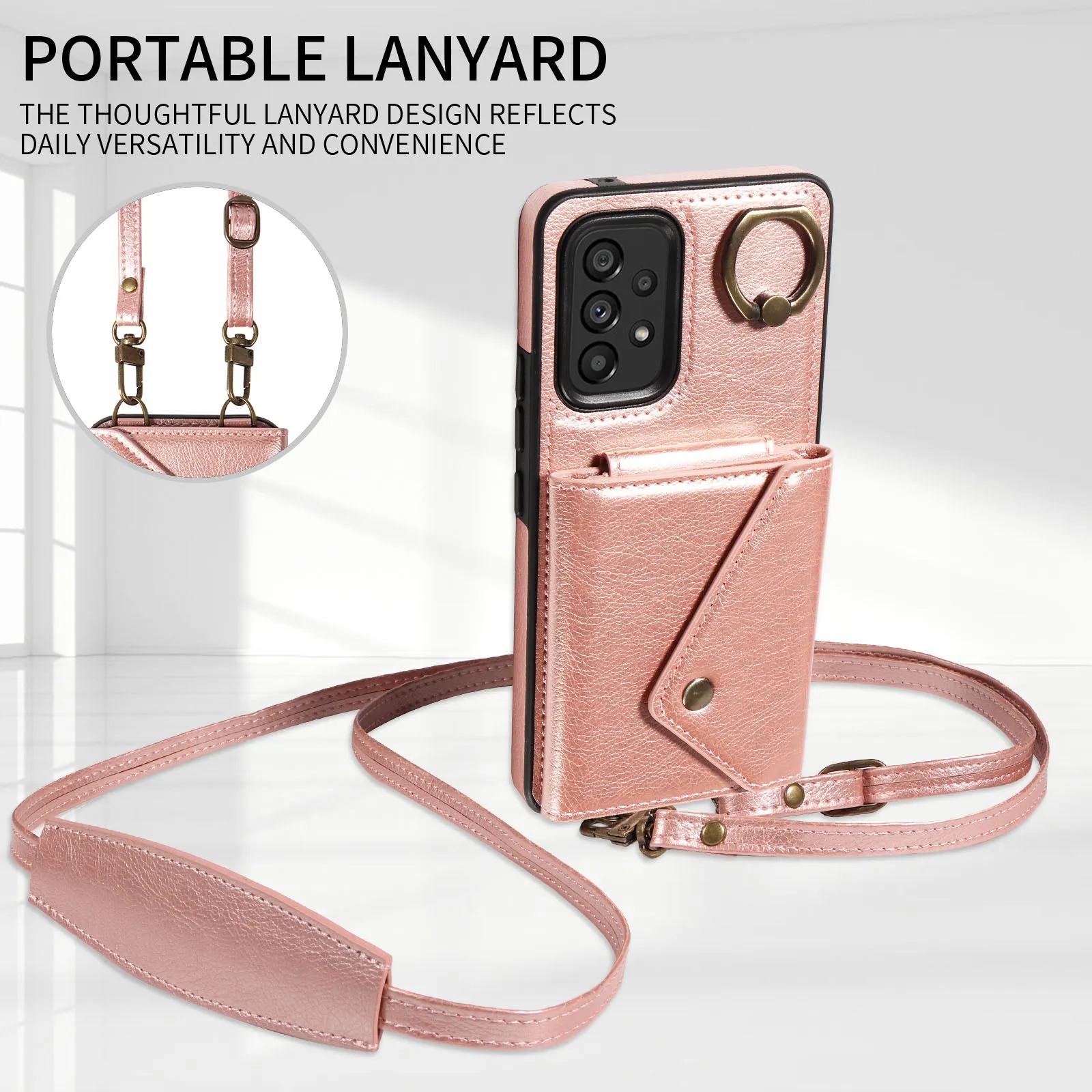 002 For Samsung Galaxy A53 5G Card Bag Cover Ring Kickstand Litchi Texture Leather TPU Phone Case with Shoulder Strap