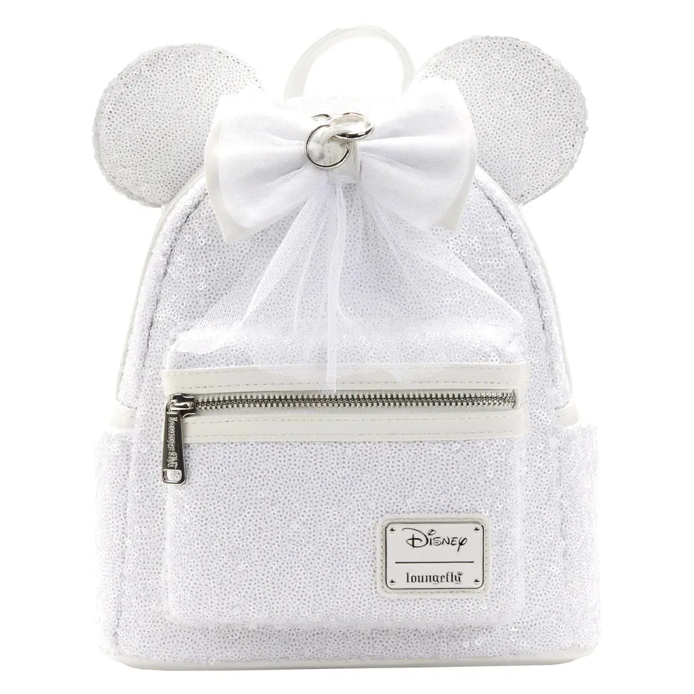 10" Disney - Minnie Mouse Sequin Wedding Faux Leather Mini Backpack Bag Loungefly