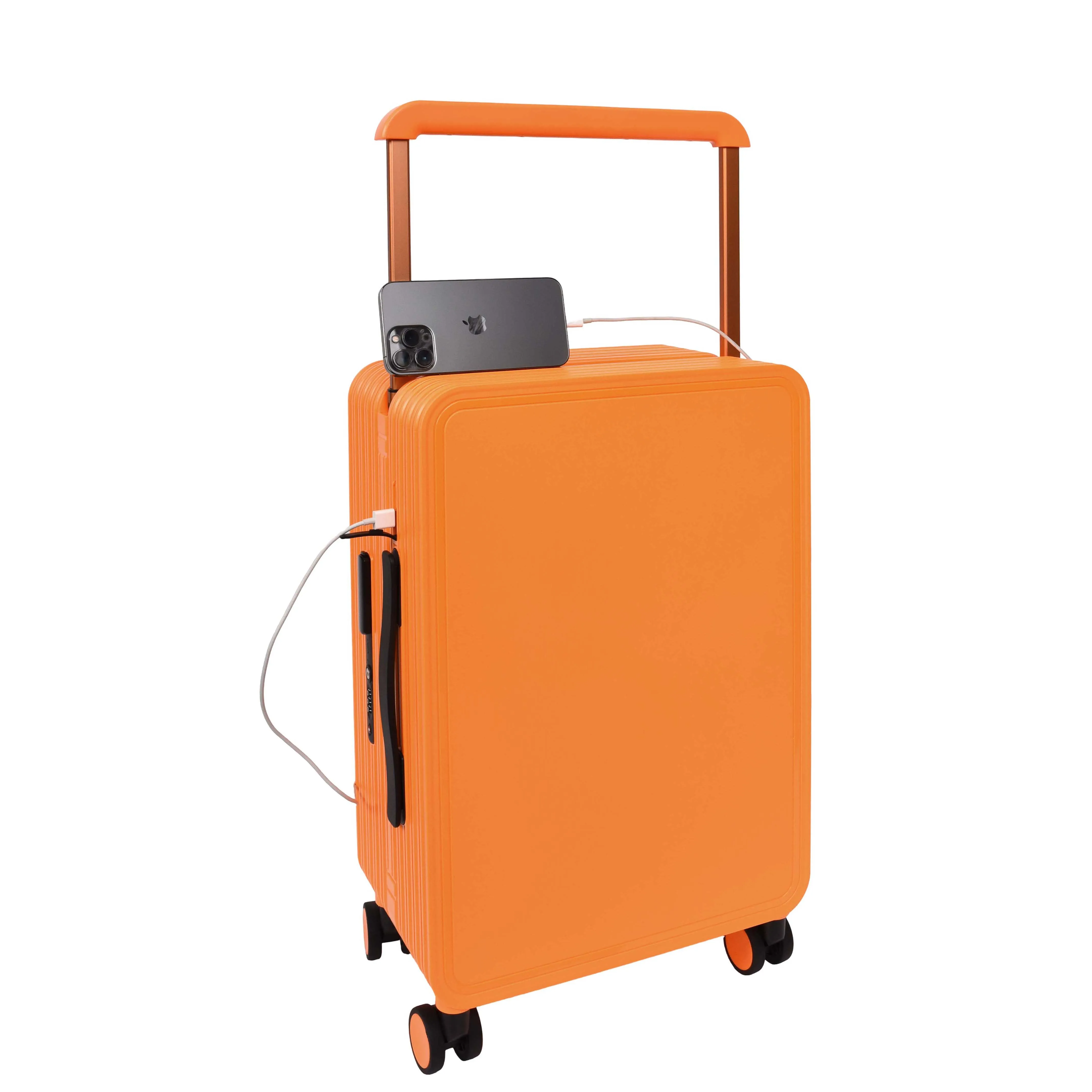 20" Cabin Size USB Port Suitcase Four Wheels Hard Shell Smart Luggage Expedition Orange