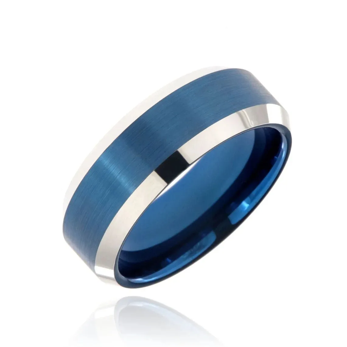 8mm Heavy Tungsten Carbide Men's Ring, Brush Finish Blue Anodizing And High Polished Beveled Edges - FREE Personalization