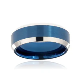 8mm Heavy Tungsten Carbide Men's Ring, Brush Finish Blue Anodizing And High Polished Beveled Edges - FREE Personalization