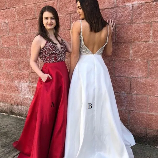 A-Line Deep V-Neck Long Cheap Red Satin Prom Dresses with Beading Pockets, TYP1270