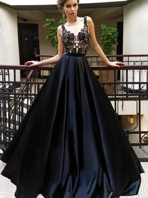 A-Line Long Cheap Navy Blue Satin Sleeveless Prom Dresses with Appliques, TYP1360