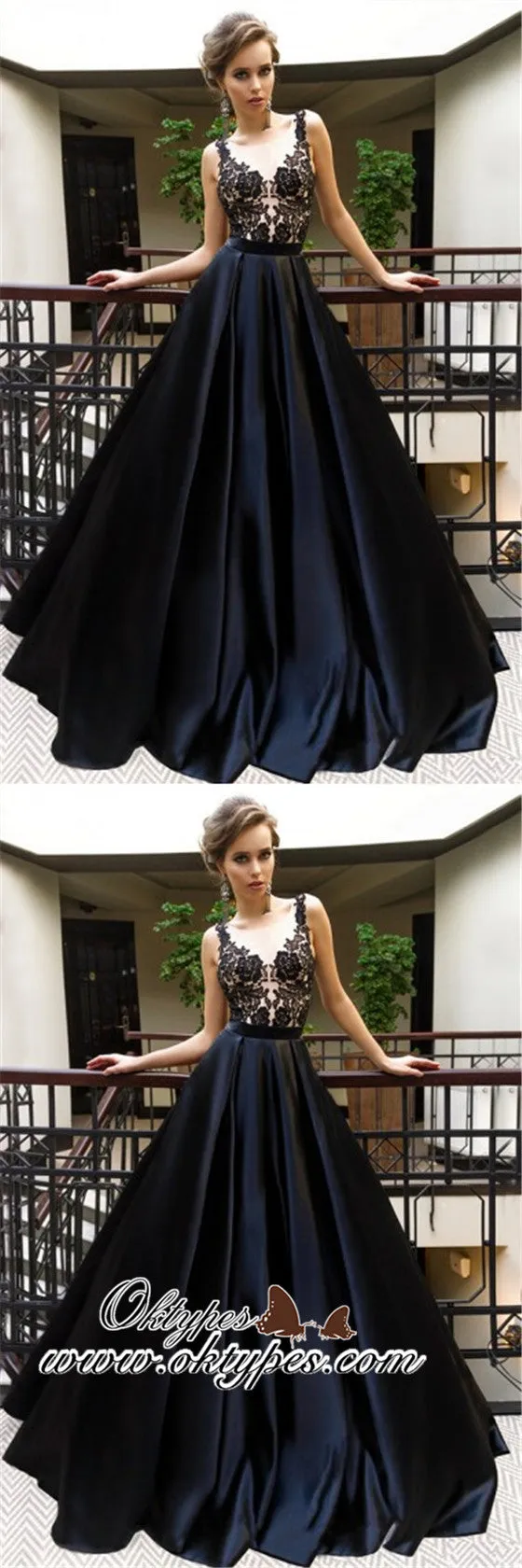 A-Line Long Cheap Navy Blue Satin Sleeveless Prom Dresses with Appliques, TYP1360