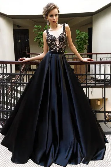 A-Line Long Cheap Navy Blue Satin Sleeveless Prom Dresses with Appliques, TYP1360