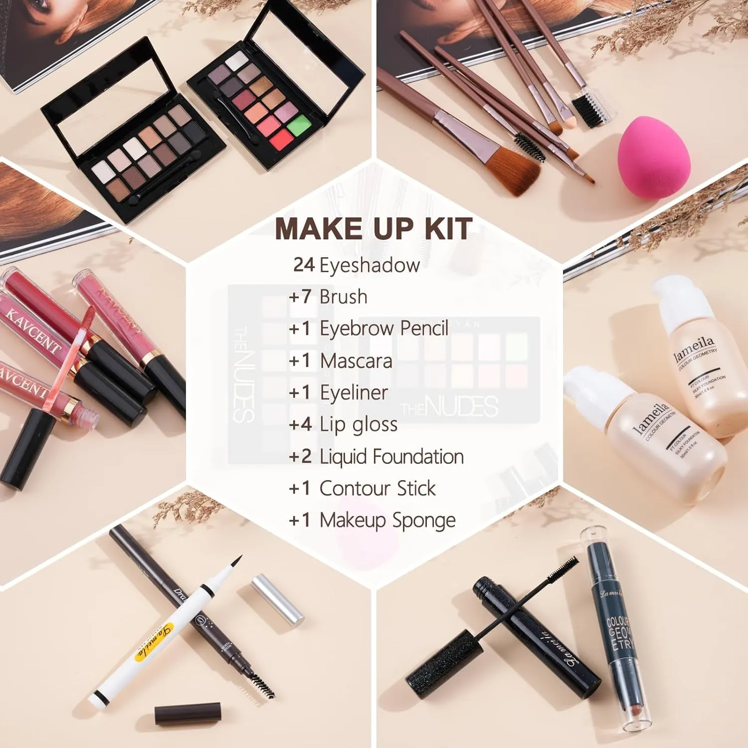 All-in-One Makeup Kit for Women & Teens - Complete Cosmetic Set: Eyeshadow, Lip Gloss & Foundation