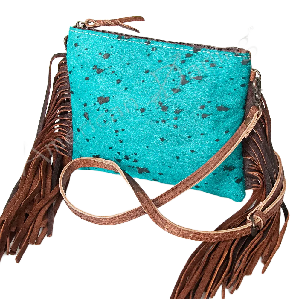 American Darling Black &Turquoise Cowhide W/Fringe Purse ADBG109TRQ2FRNG