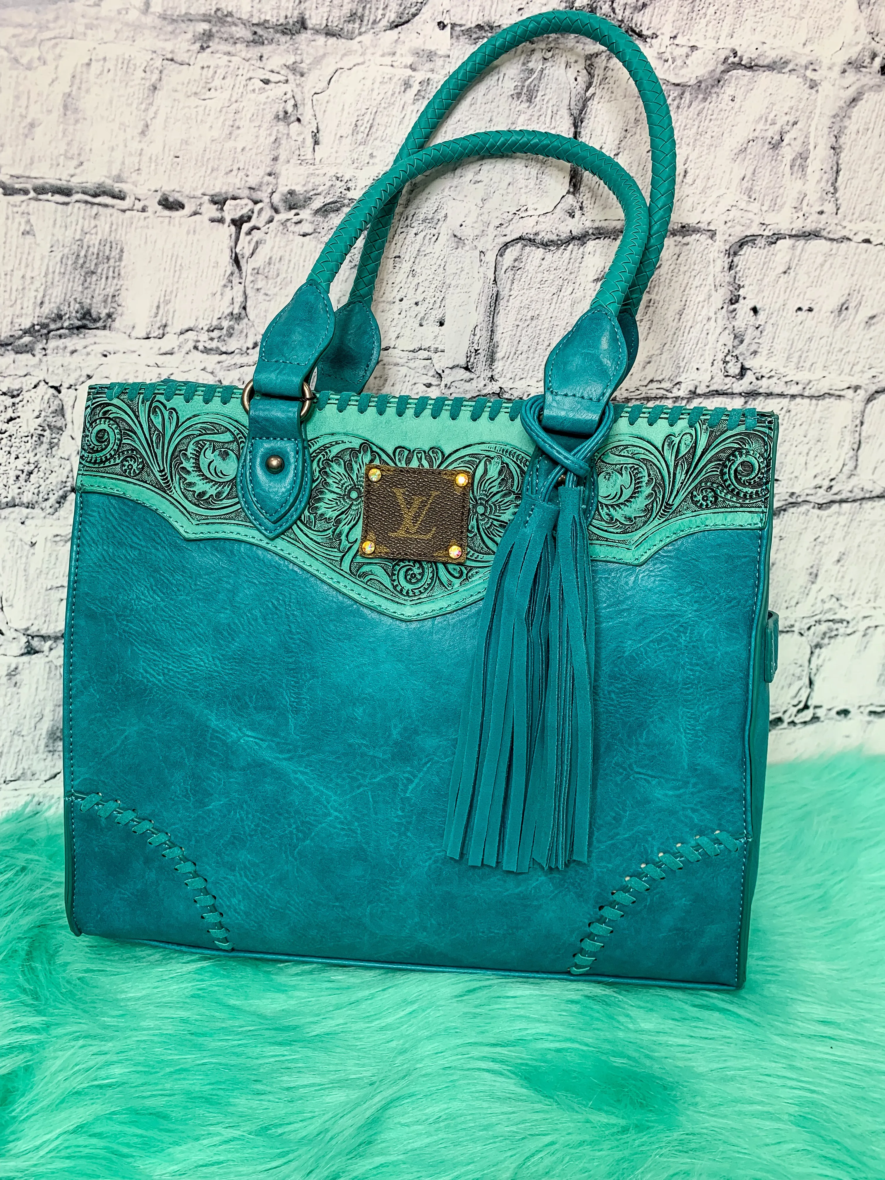 Avery L Upcycled Tooled  Vegan Leather Bag - Turquoise