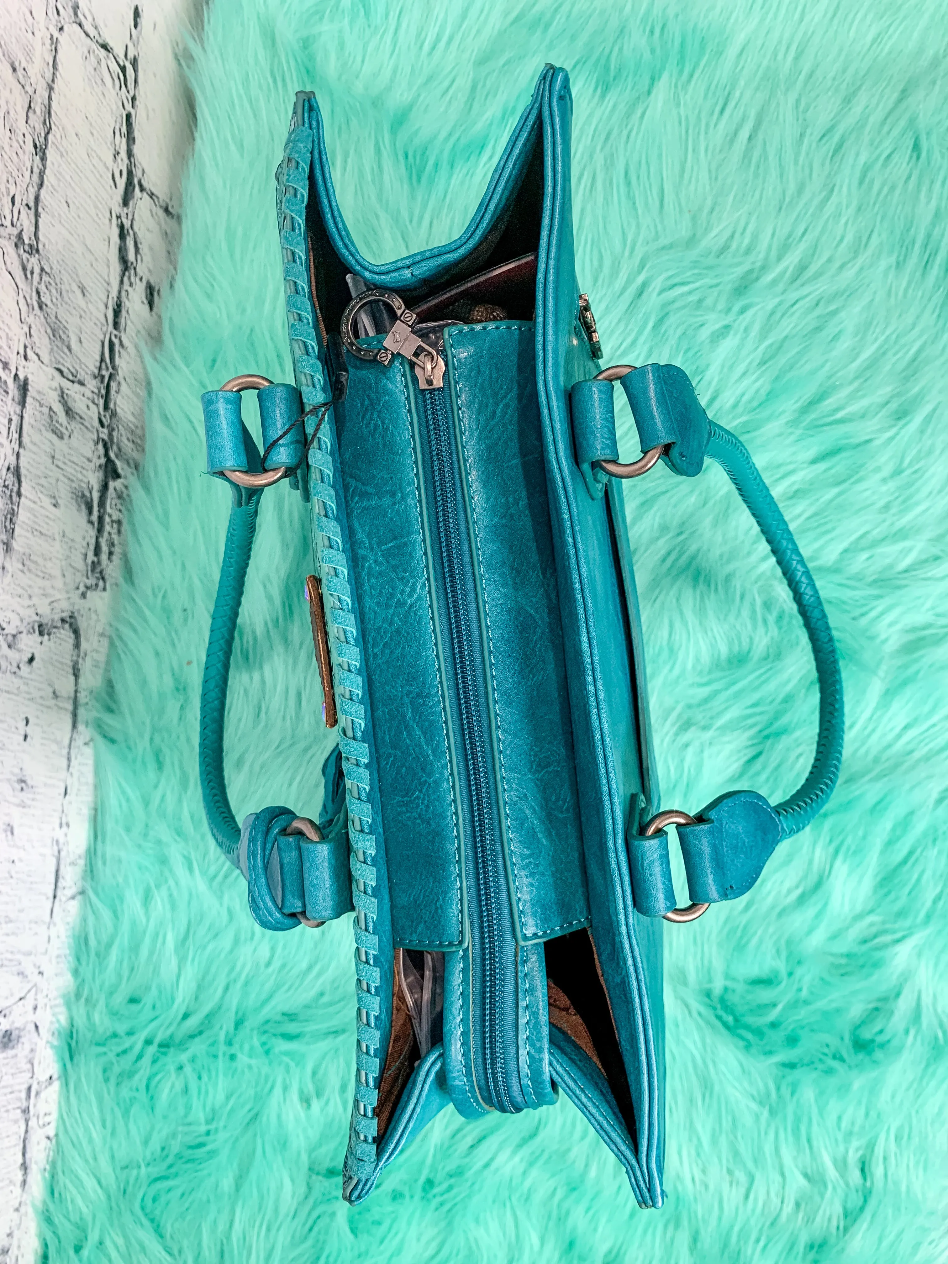 Avery L Upcycled Tooled  Vegan Leather Bag - Turquoise