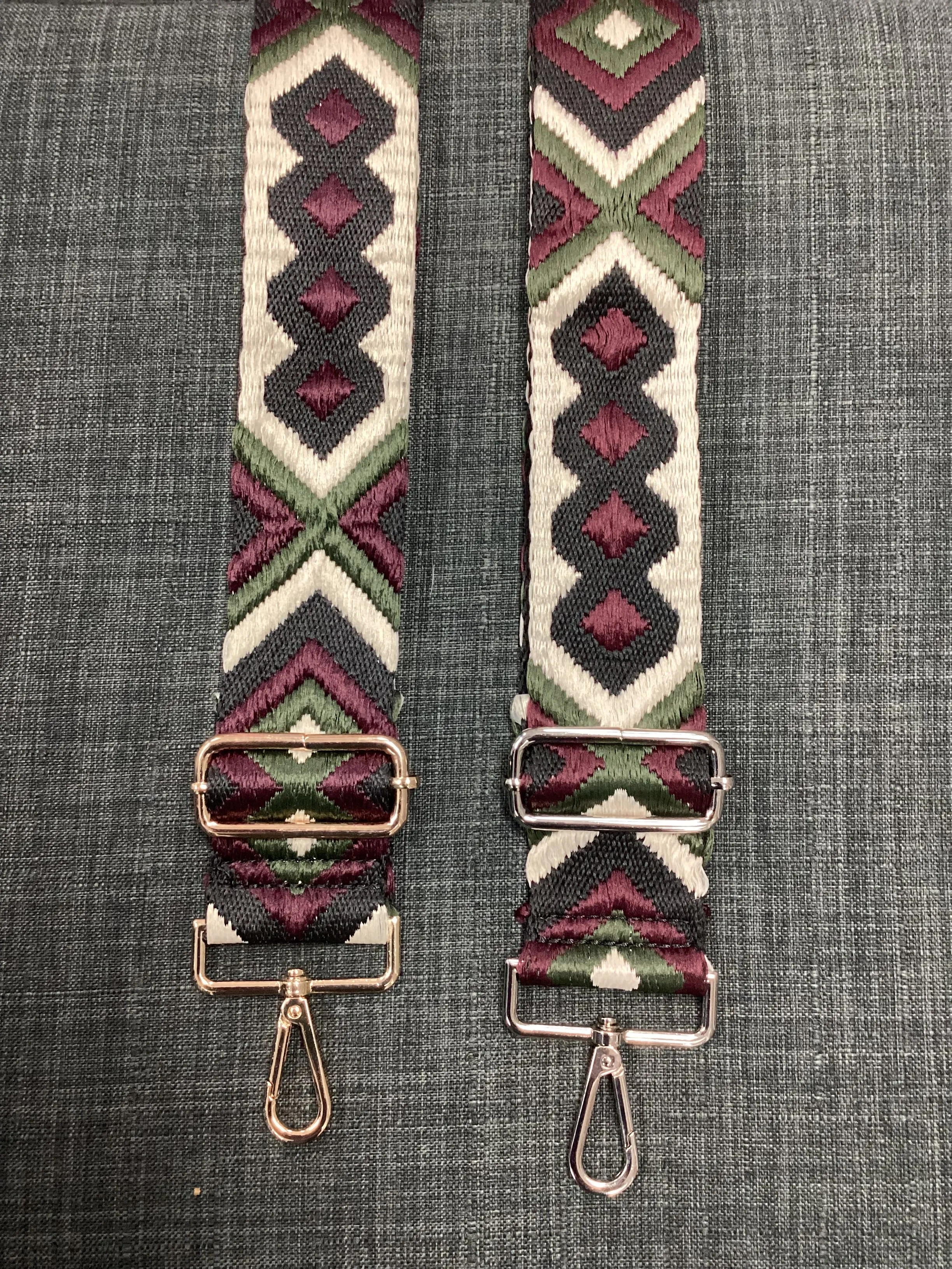 AZTEC BAG STRAP-  Burgundy/Green/Cream Mix - Gold/Silver Hardware