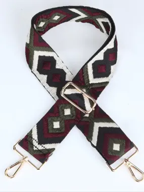 AZTEC BAG STRAP-  Burgundy/Green/Cream Mix - Gold/Silver Hardware