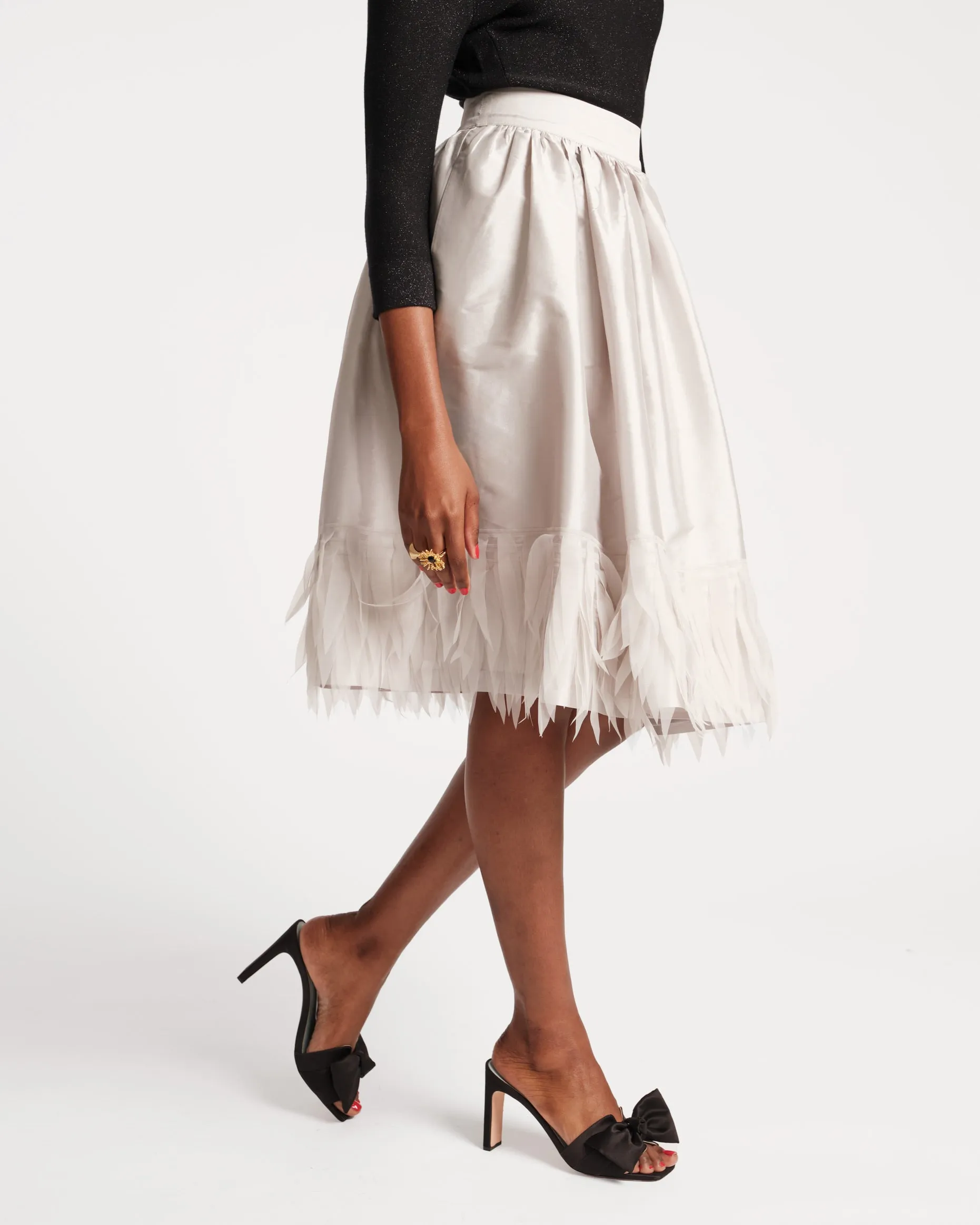 Barbara Midi Skirt Feather Fringe Silver