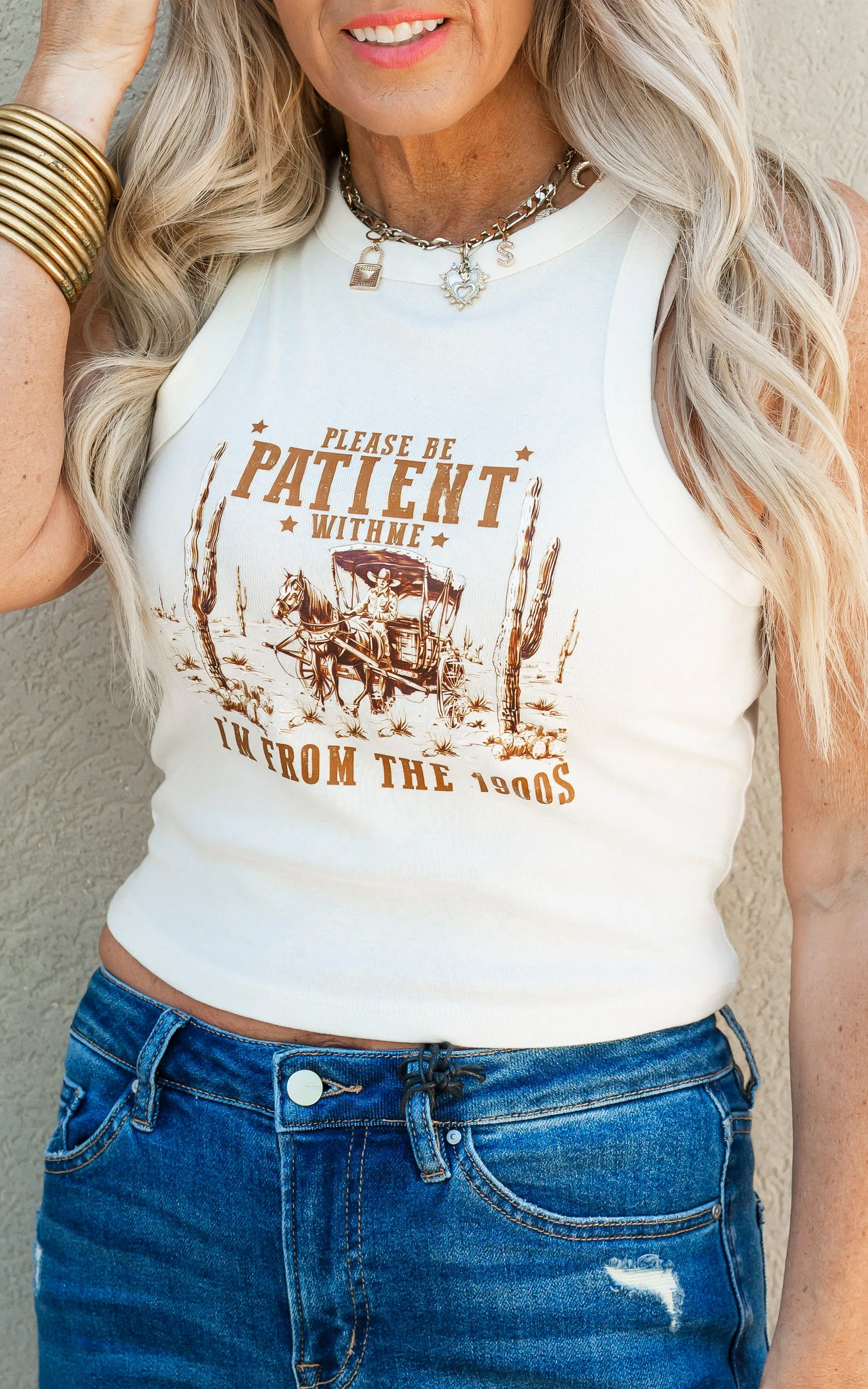 Be Patient Im from the 1900's Micro Rib Racer Tank Top