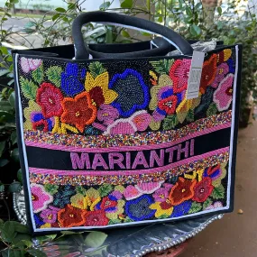 BEADED CUSTOM RAISED FLOWERS TOTE