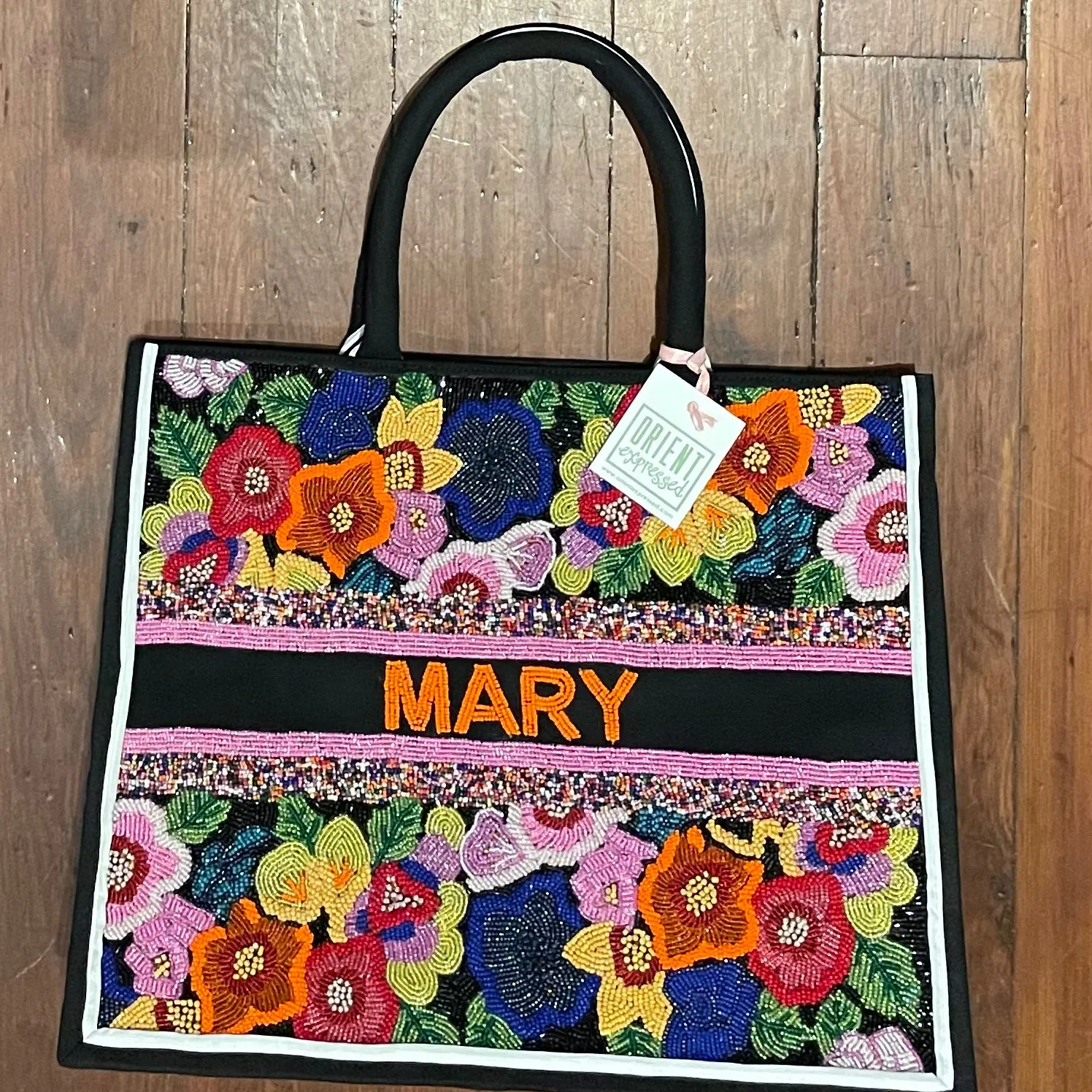 BEADED CUSTOM RAISED FLOWERS TOTE