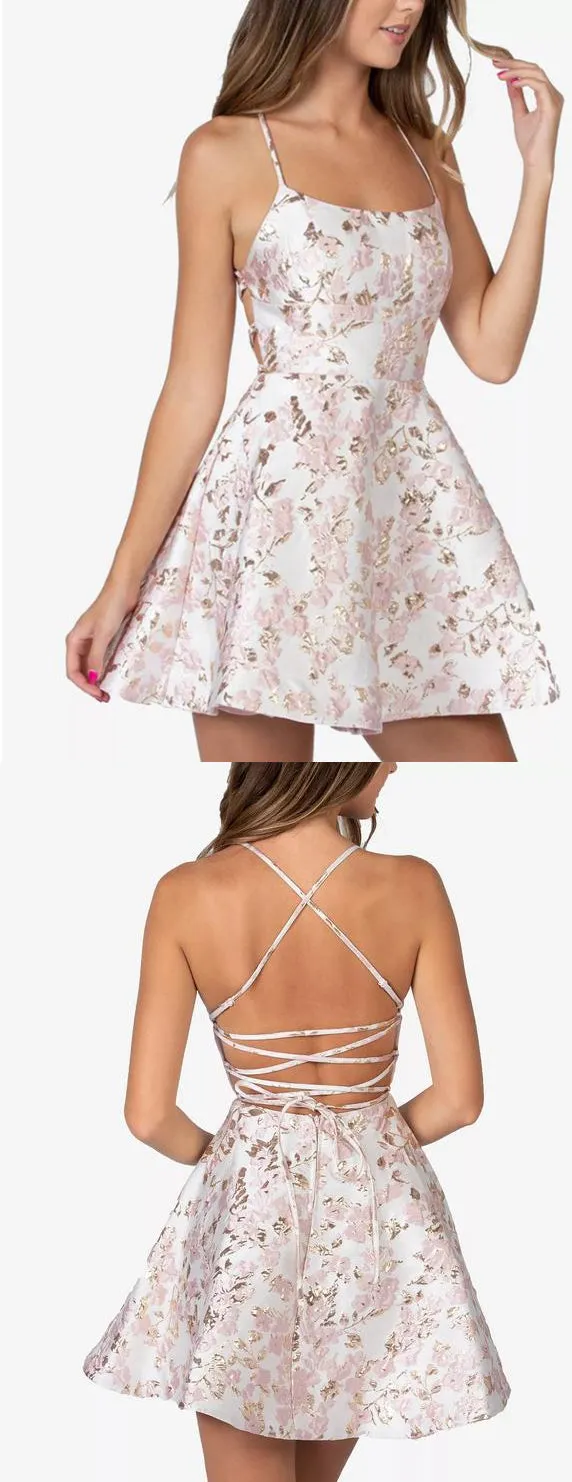 Beautiful Lace-Up A-Line Short Homecoming Dresses With Small Floral Pattern,HD0203