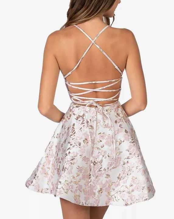 Beautiful Lace-Up A-Line Short Homecoming Dresses With Small Floral Pattern,HD0203