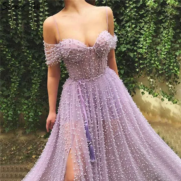 Beautiful Lavender Modest Tulle Pearl Spaghetti Straps Prom Dress with Slit, SP641