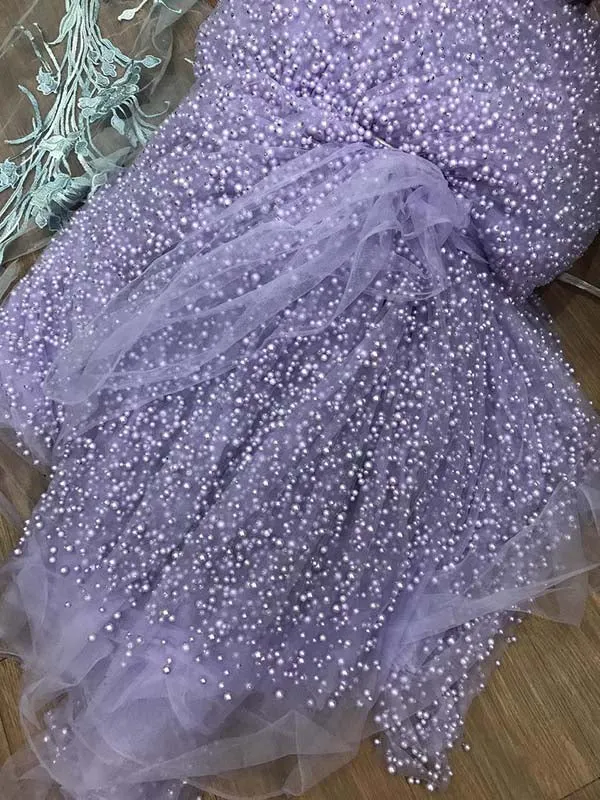 Beautiful Lavender Modest Tulle Pearl Spaghetti Straps Prom Dress with Slit, SP641