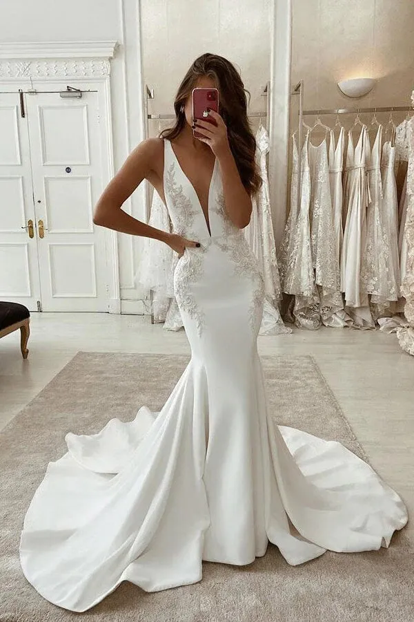 Beautiful Satin Mermaid Deep V-neck Wedding Dresses With Appliques, SW504