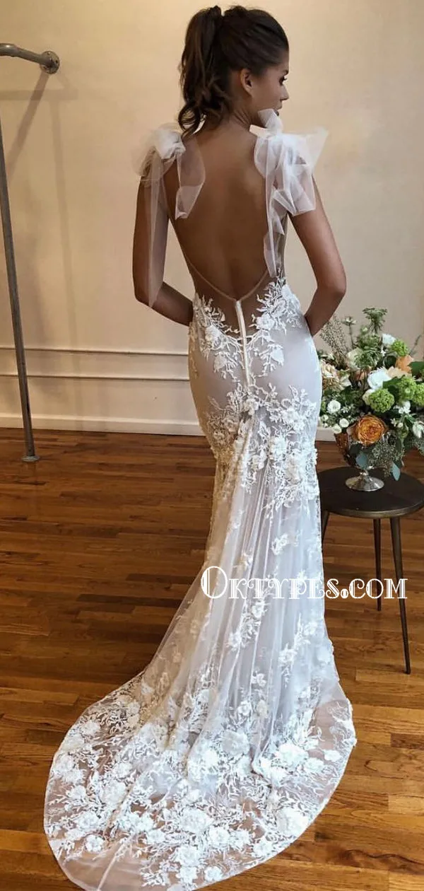 Beautiful V-neck Mermaid Lace Open Back Wedding Dresses, WDS0110