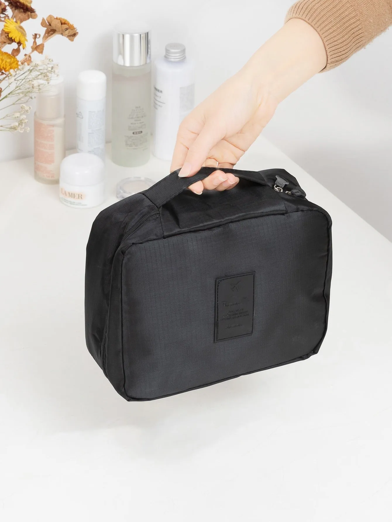 Black Portable Travel Toiletry Bag Cosmetic Bag With Handle & Divider