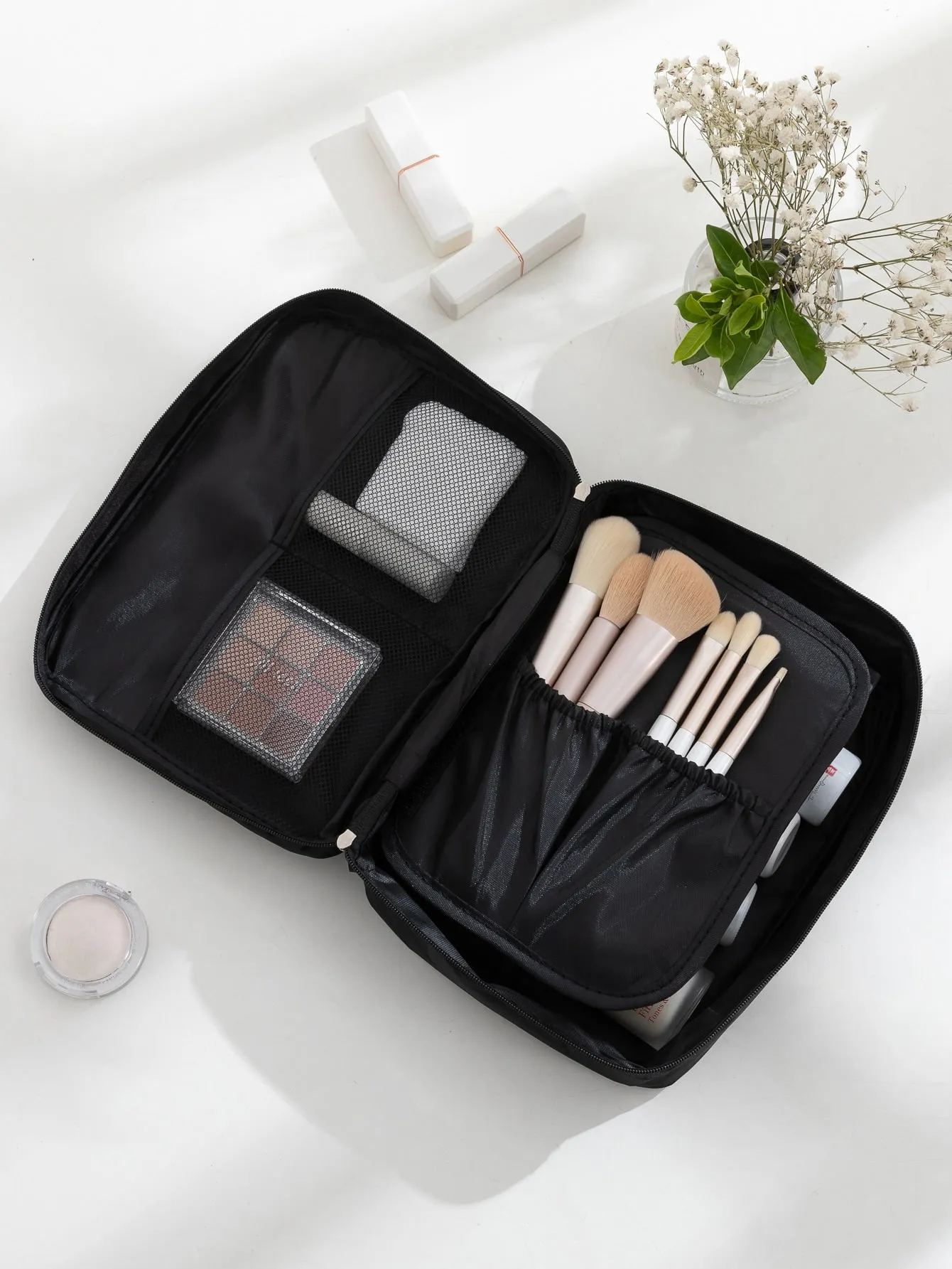 Black Portable Travel Toiletry Bag Cosmetic Bag With Handle & Divider