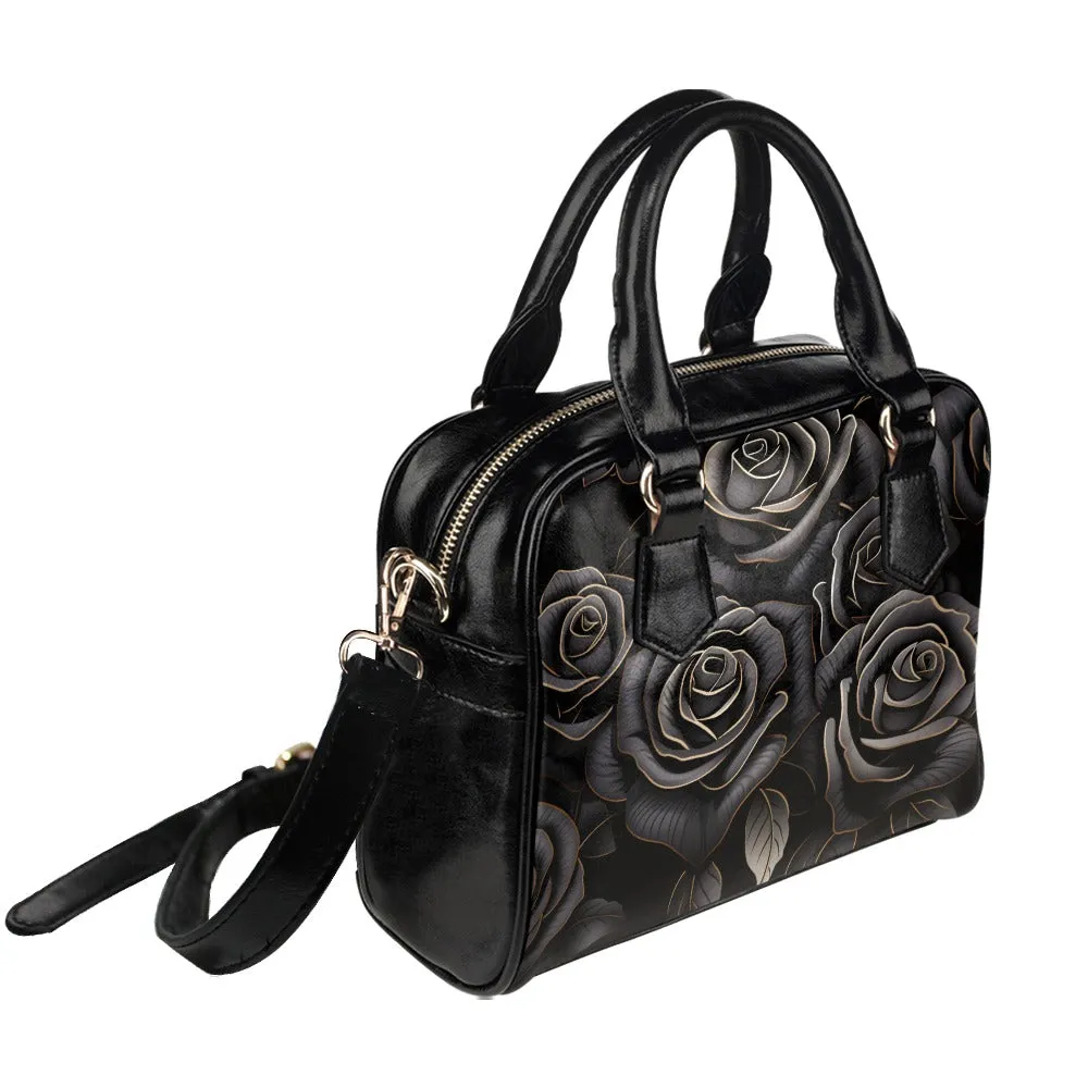 Black Roses Shoulder Purse, Cute Floral Flowers Small Goth Retro Vintage Vegan Leather Women Designer Handbag with Strap Crossbody Bag