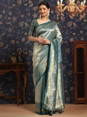 Blue and silver-toned Ethnic Motifs Zari Saree