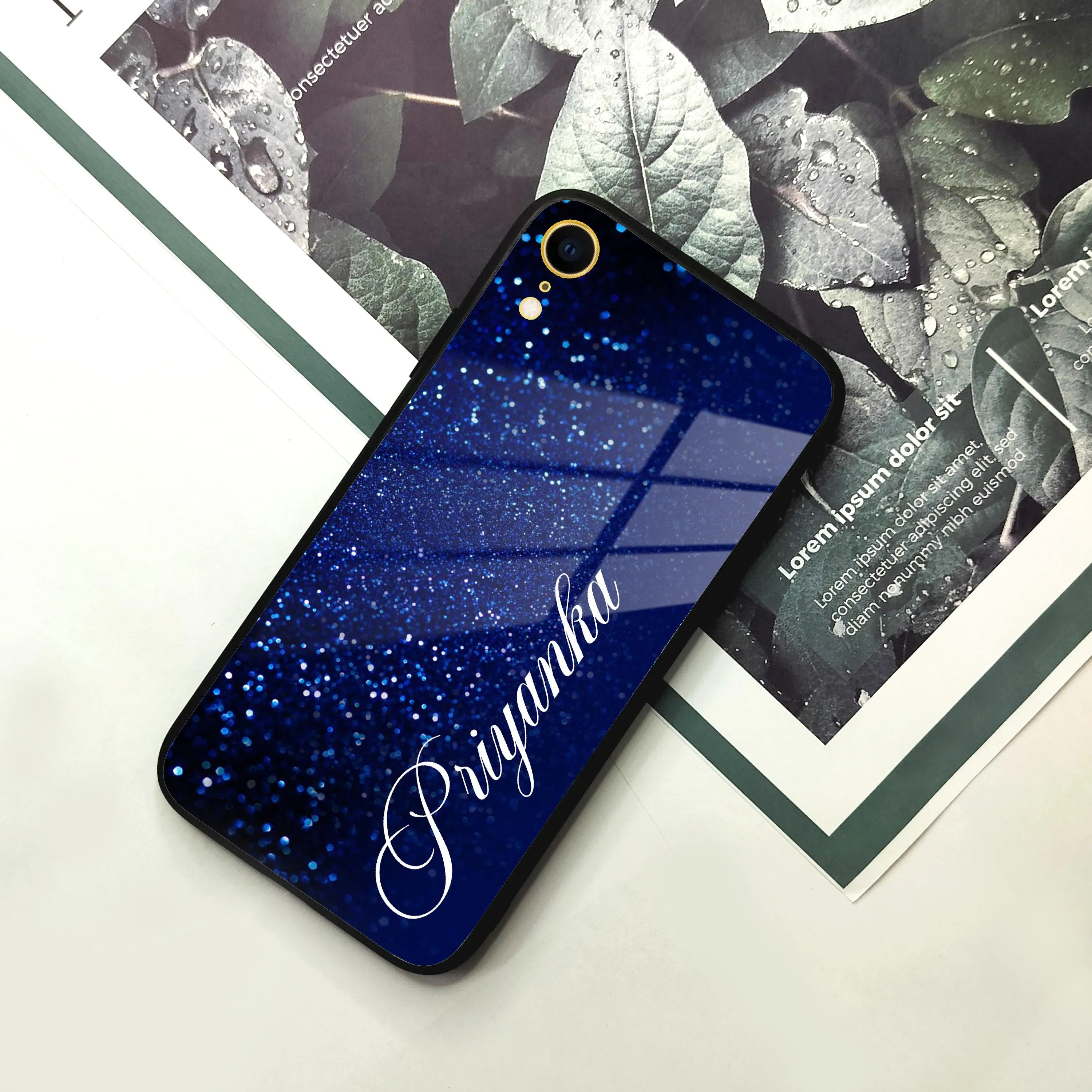 Blue Glitter Customize Glass Case Cover For iPhone