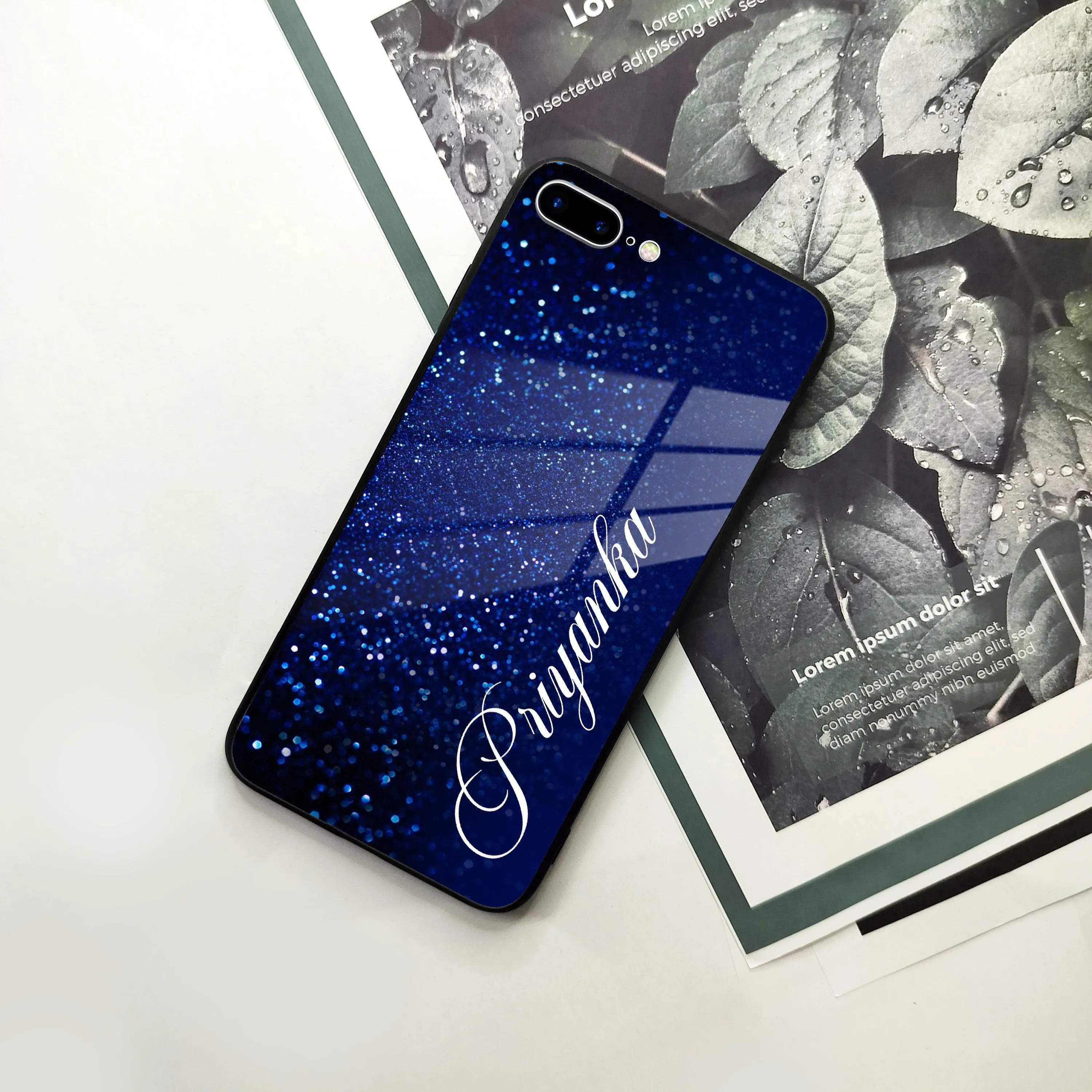 Blue Glitter Customize Glass Case Cover For iPhone