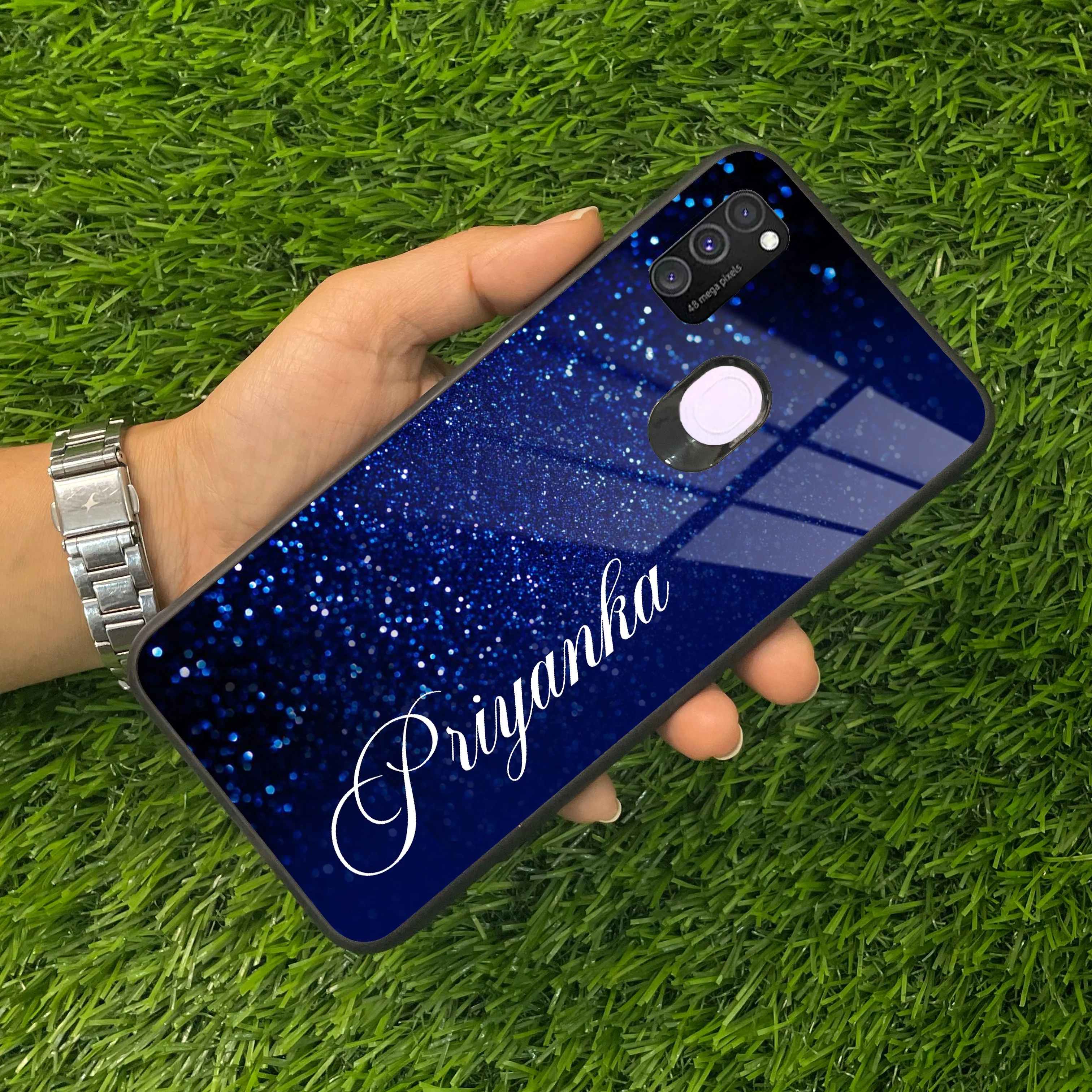 Blue Glitter Customize Glass Case Cover For Samsung