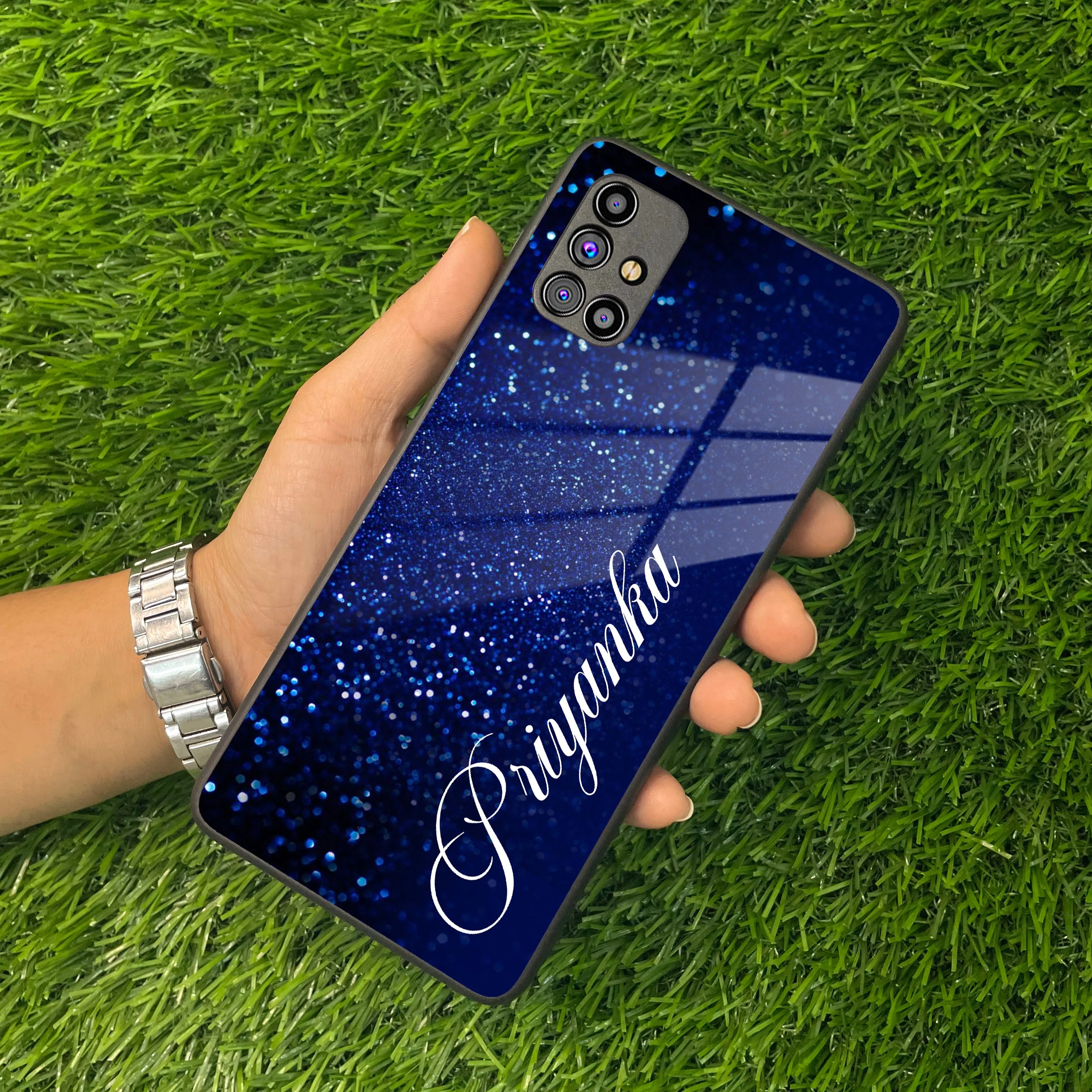 Blue Glitter Customize Glass Case Cover For Samsung