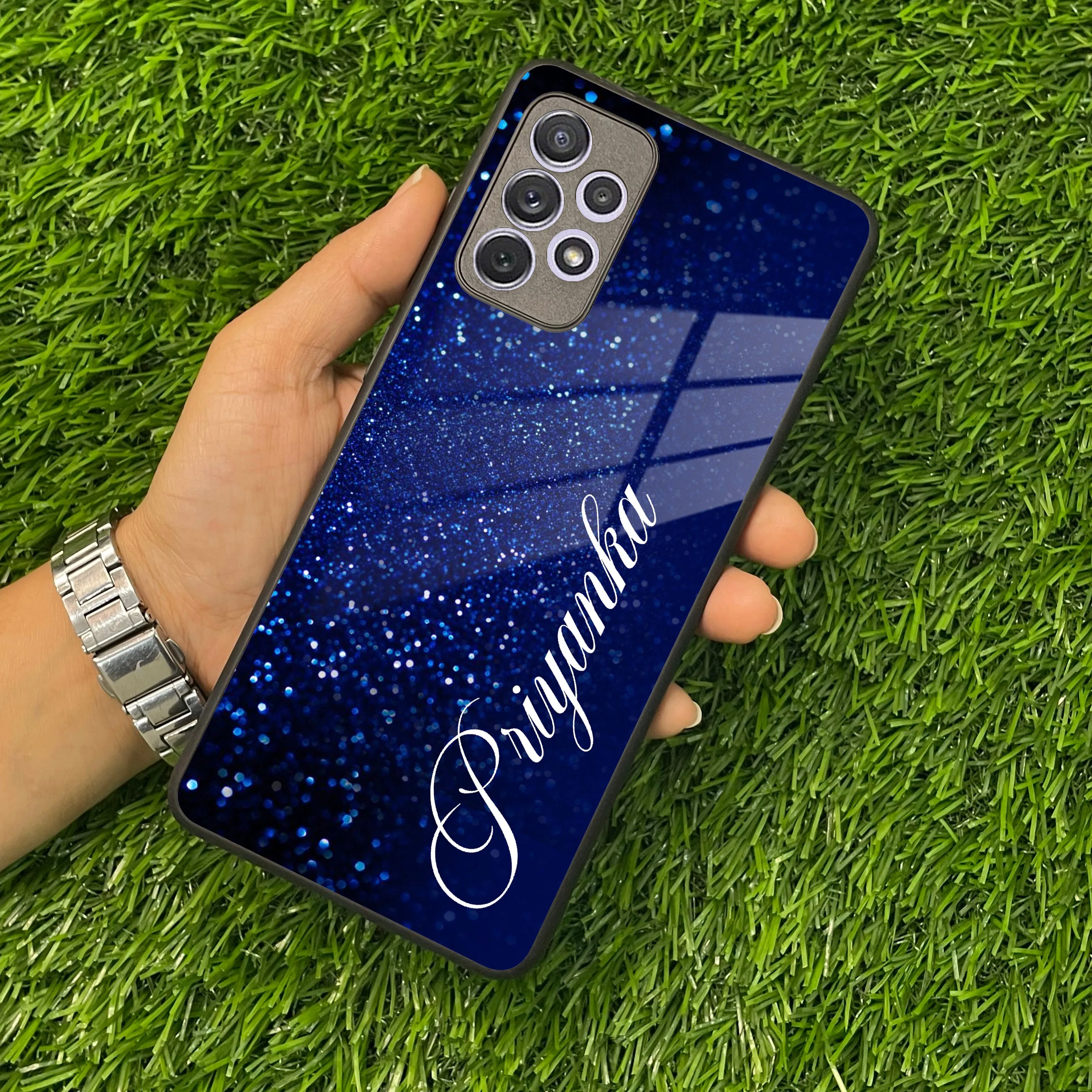 Blue Glitter Customize Glass Case Cover For Samsung