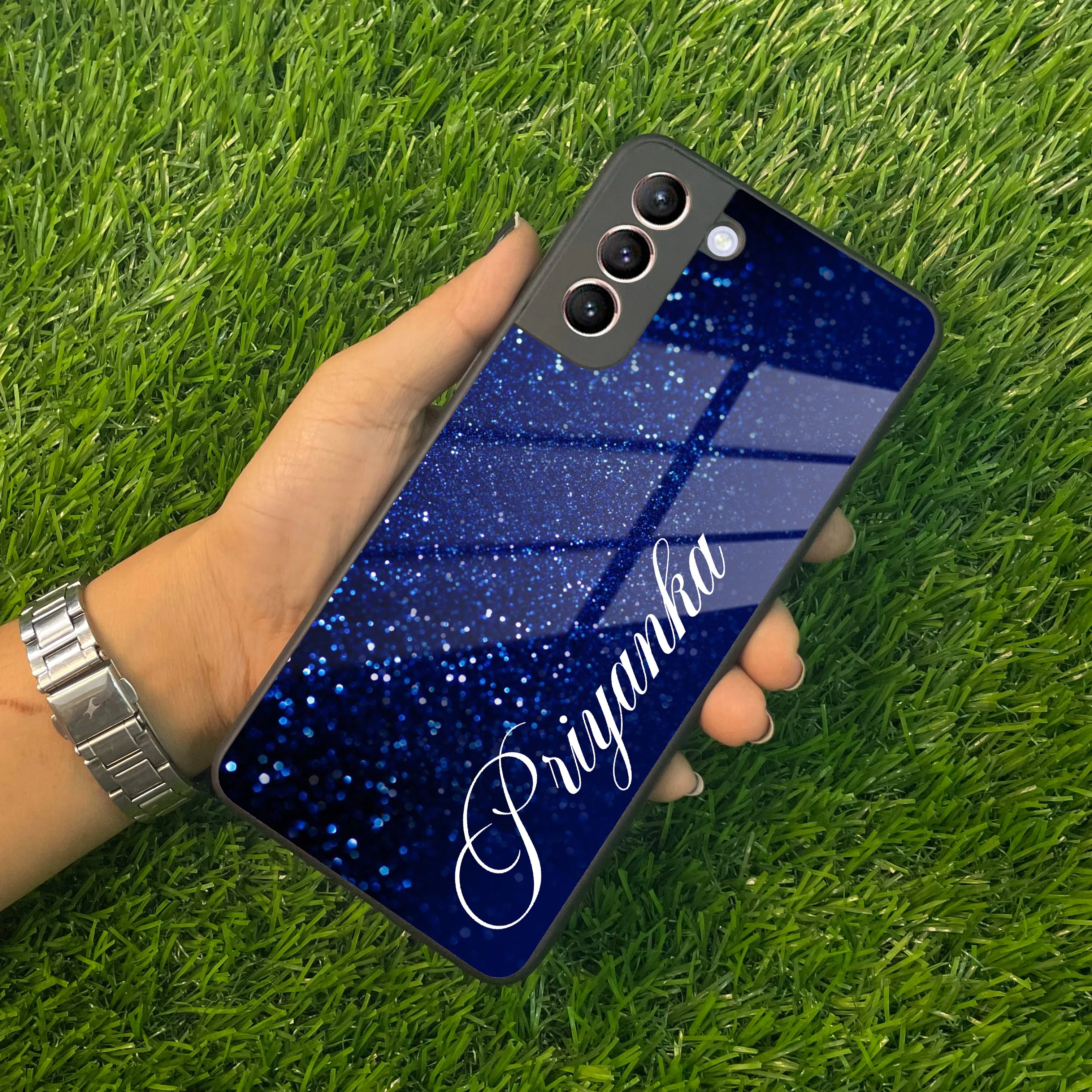 Blue Glitter Customize Glass Case Cover For Samsung