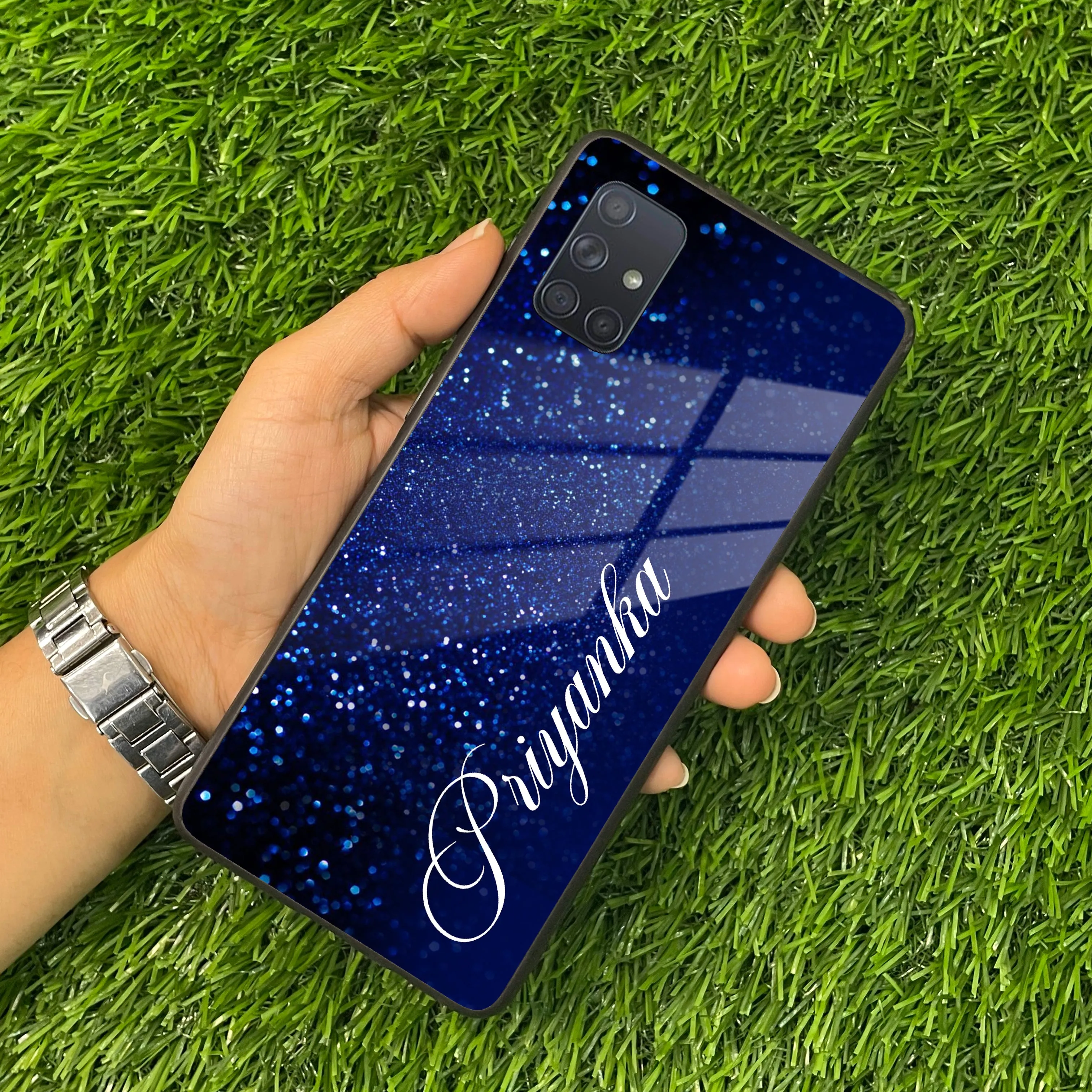 Blue Glitter Customize Glass Case Cover For Samsung