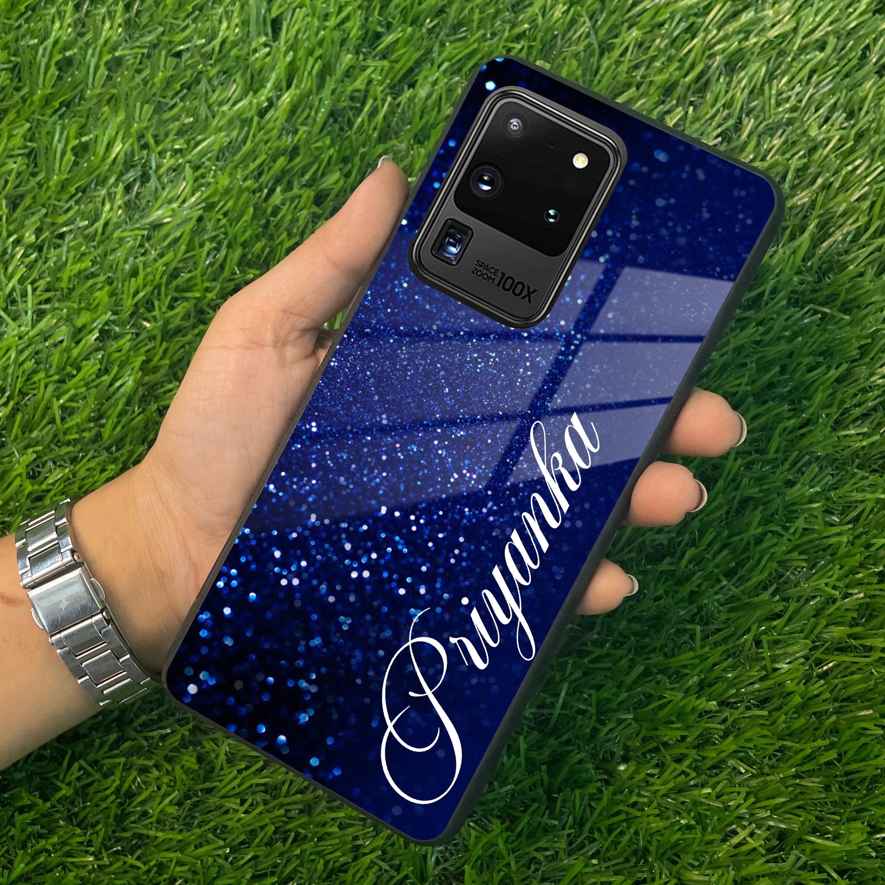 Blue Glitter Customize Glass Case Cover For Samsung