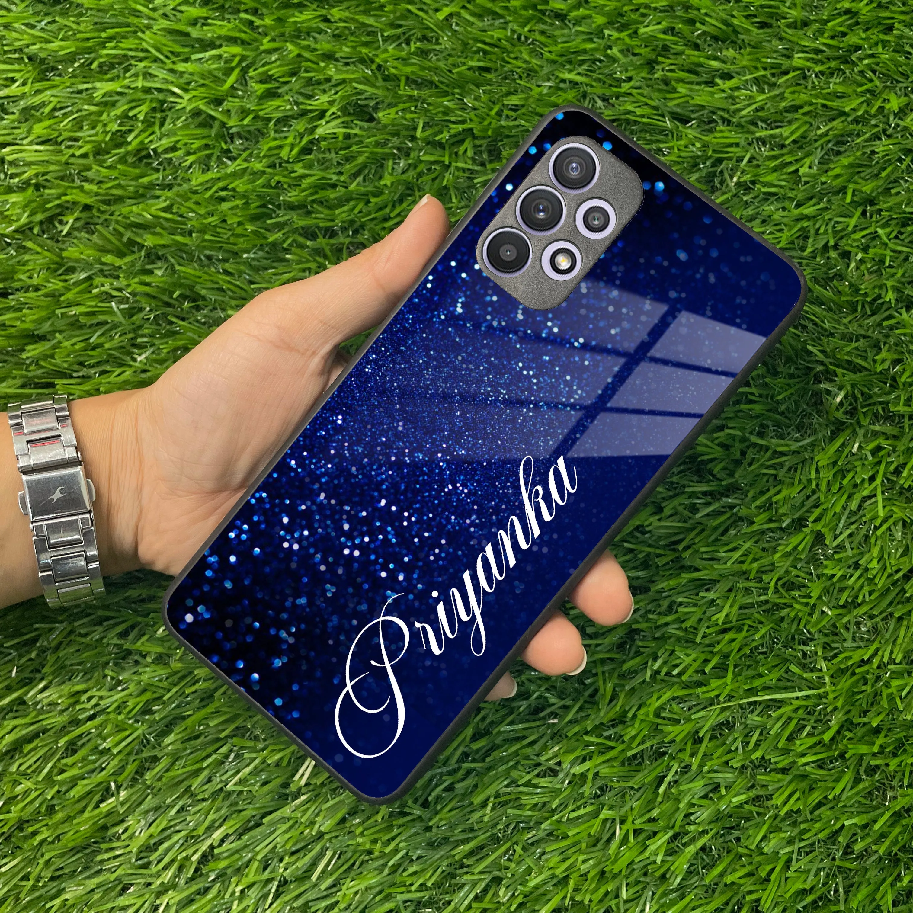 Blue Glitter Customize Glass Case Cover For Samsung