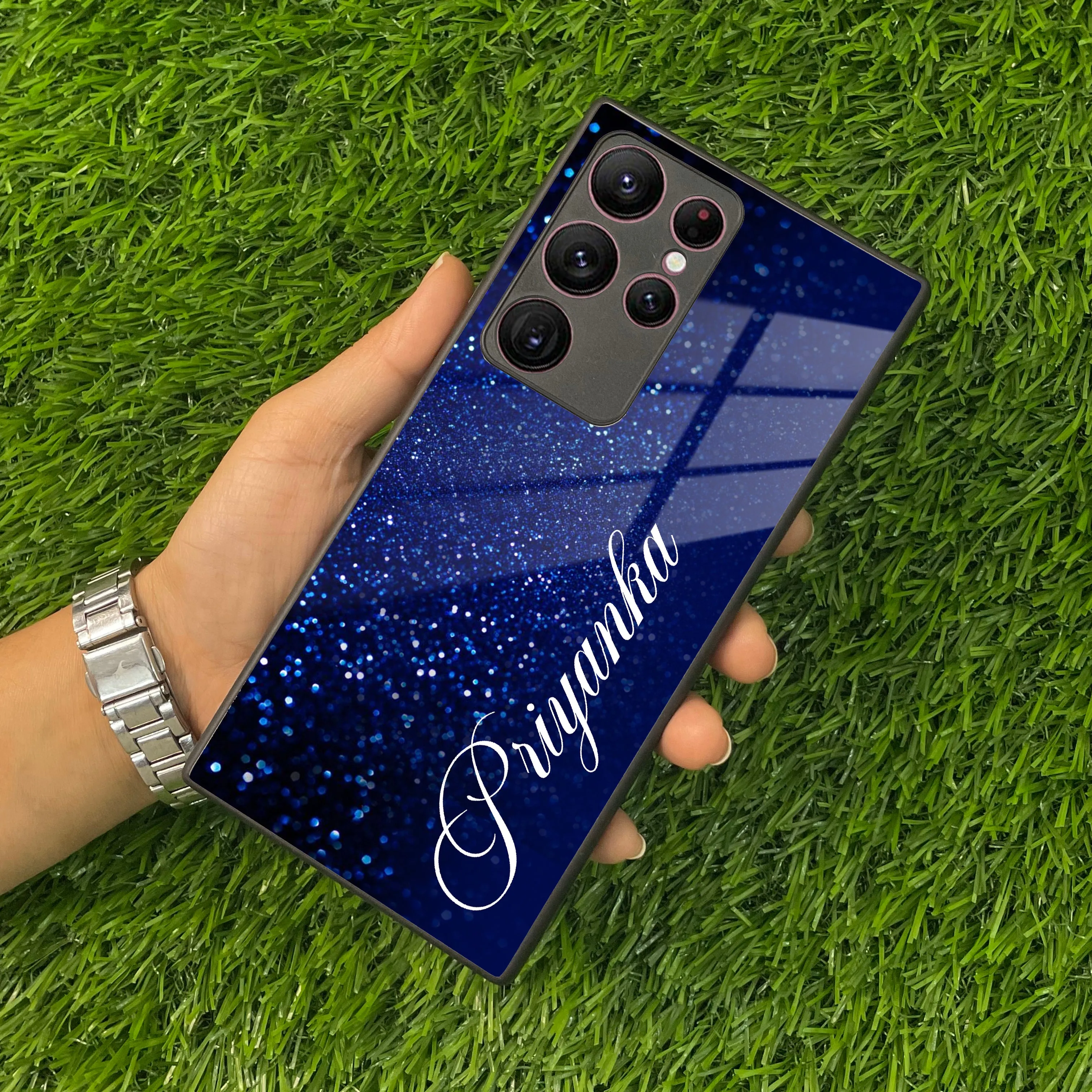 Blue Glitter Customize Glass Case Cover For Samsung