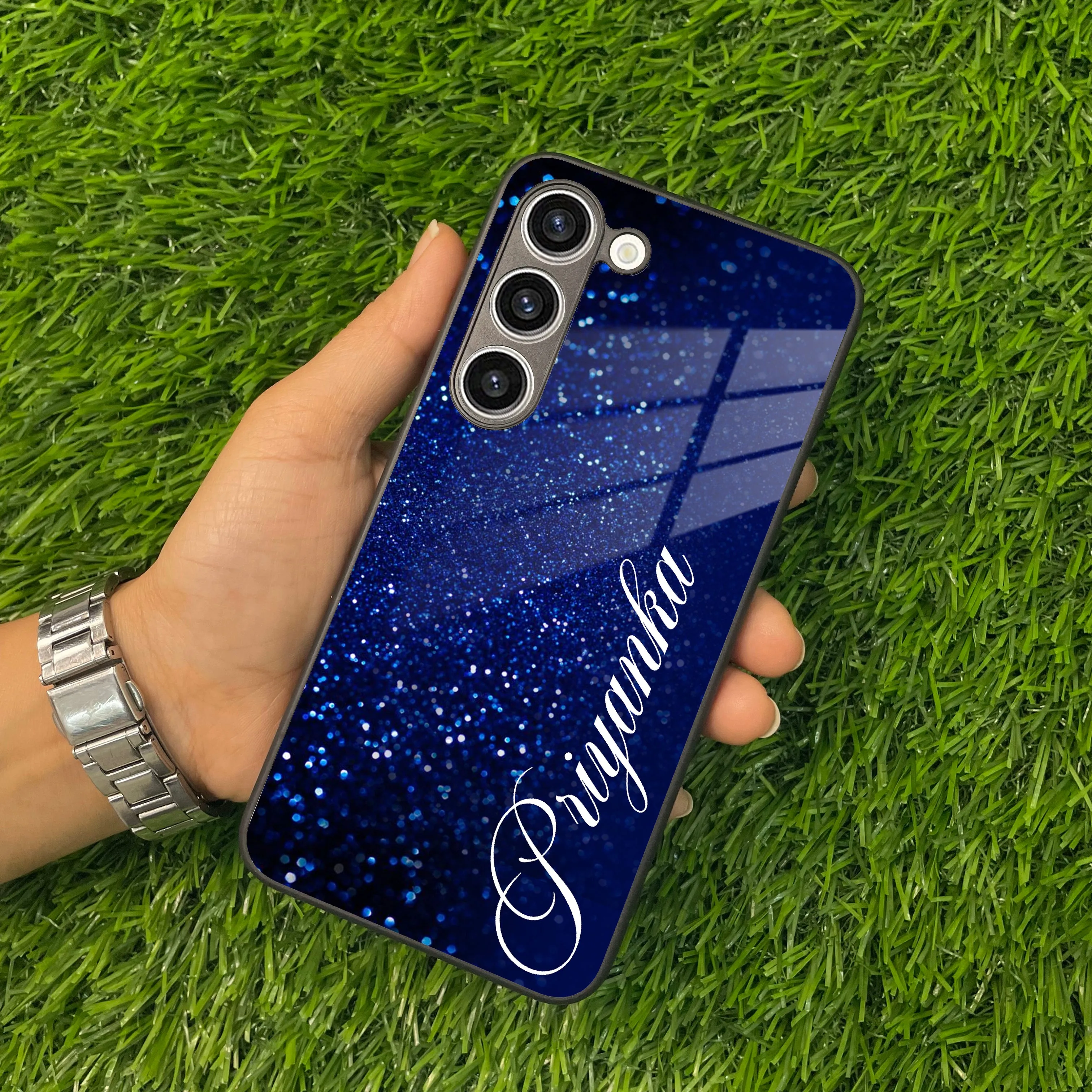 Blue Glitter Customize Glass Case Cover For Samsung