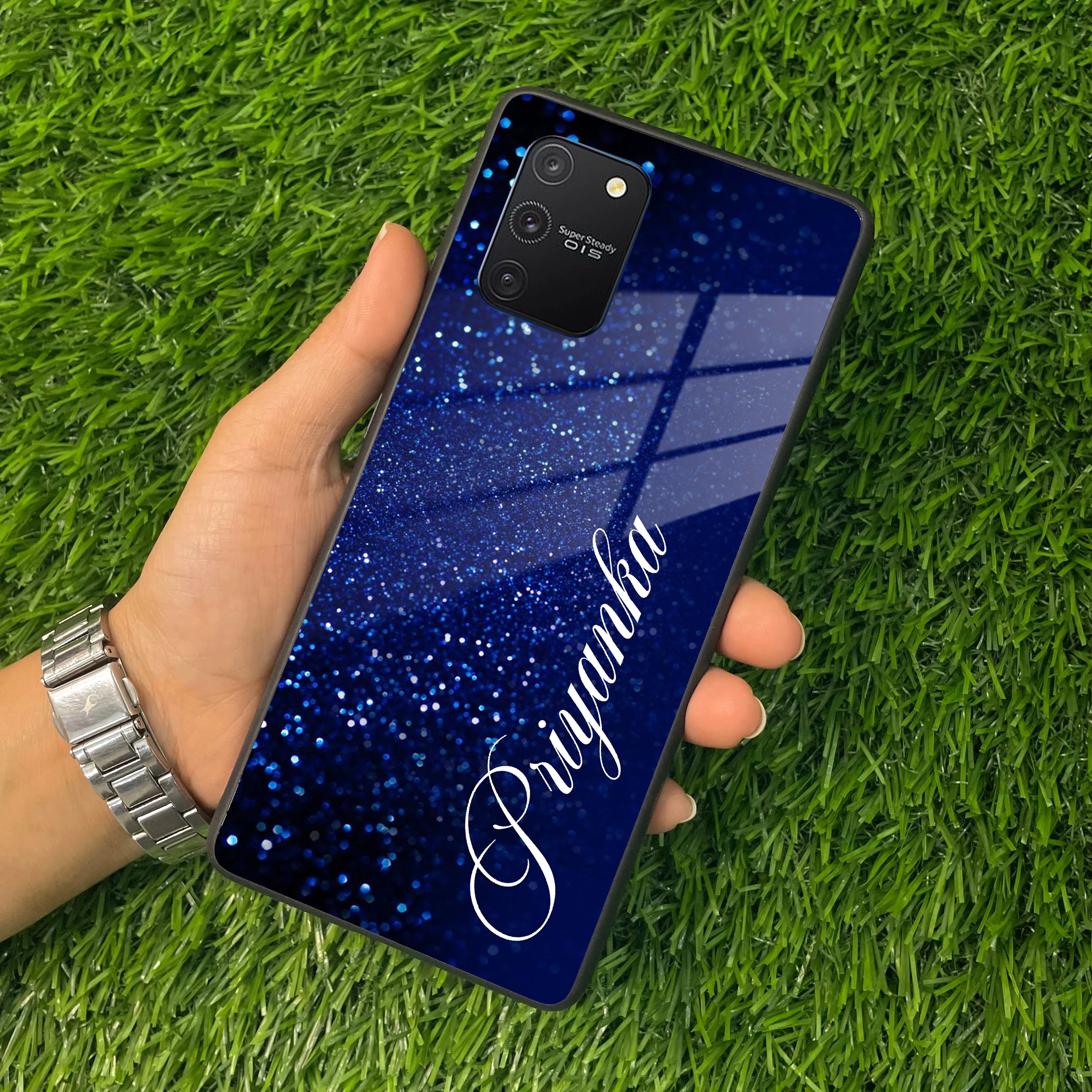 Blue Glitter Customize Glass Case Cover For Samsung