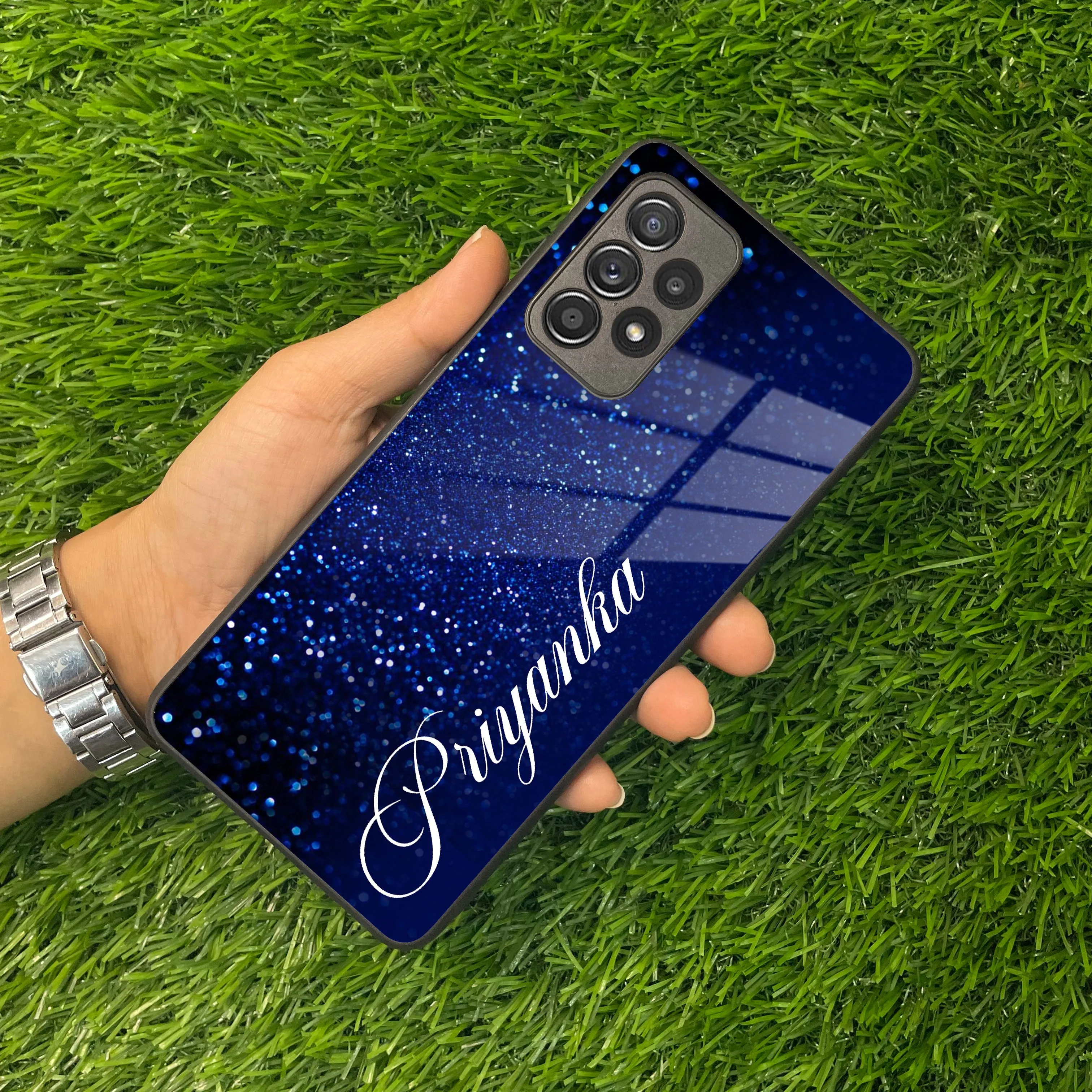 Blue Glitter Customize Glass Case Cover For Samsung