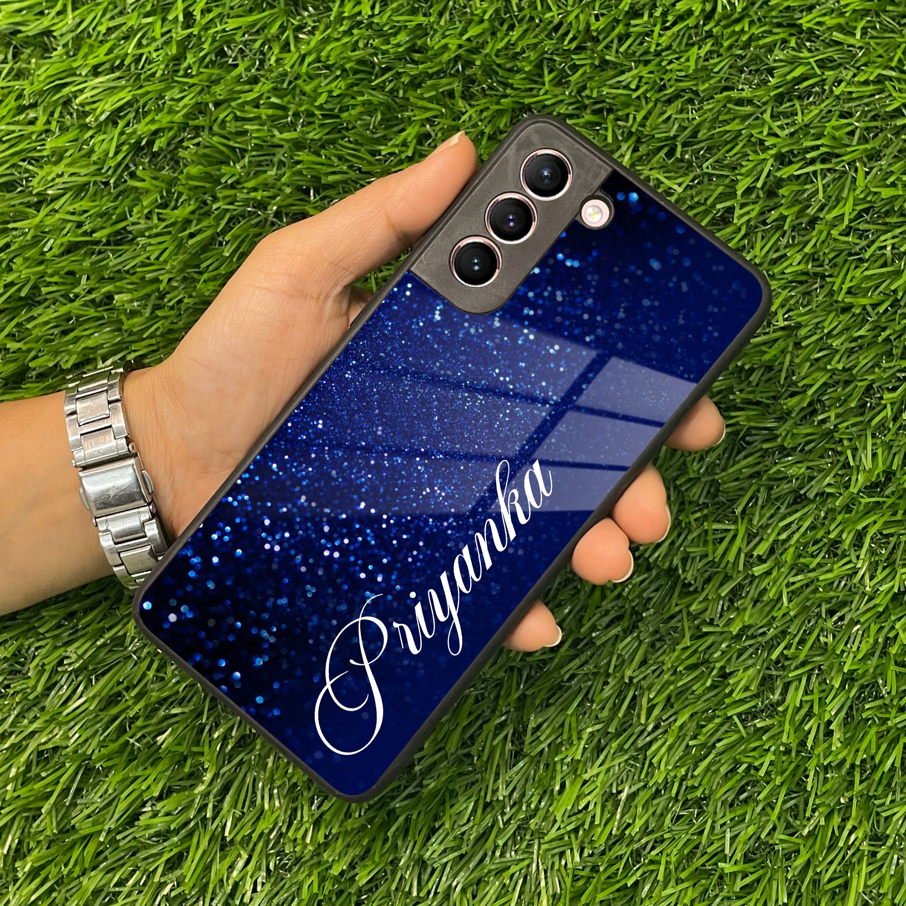 Blue Glitter Customize Glass Case Cover For Samsung