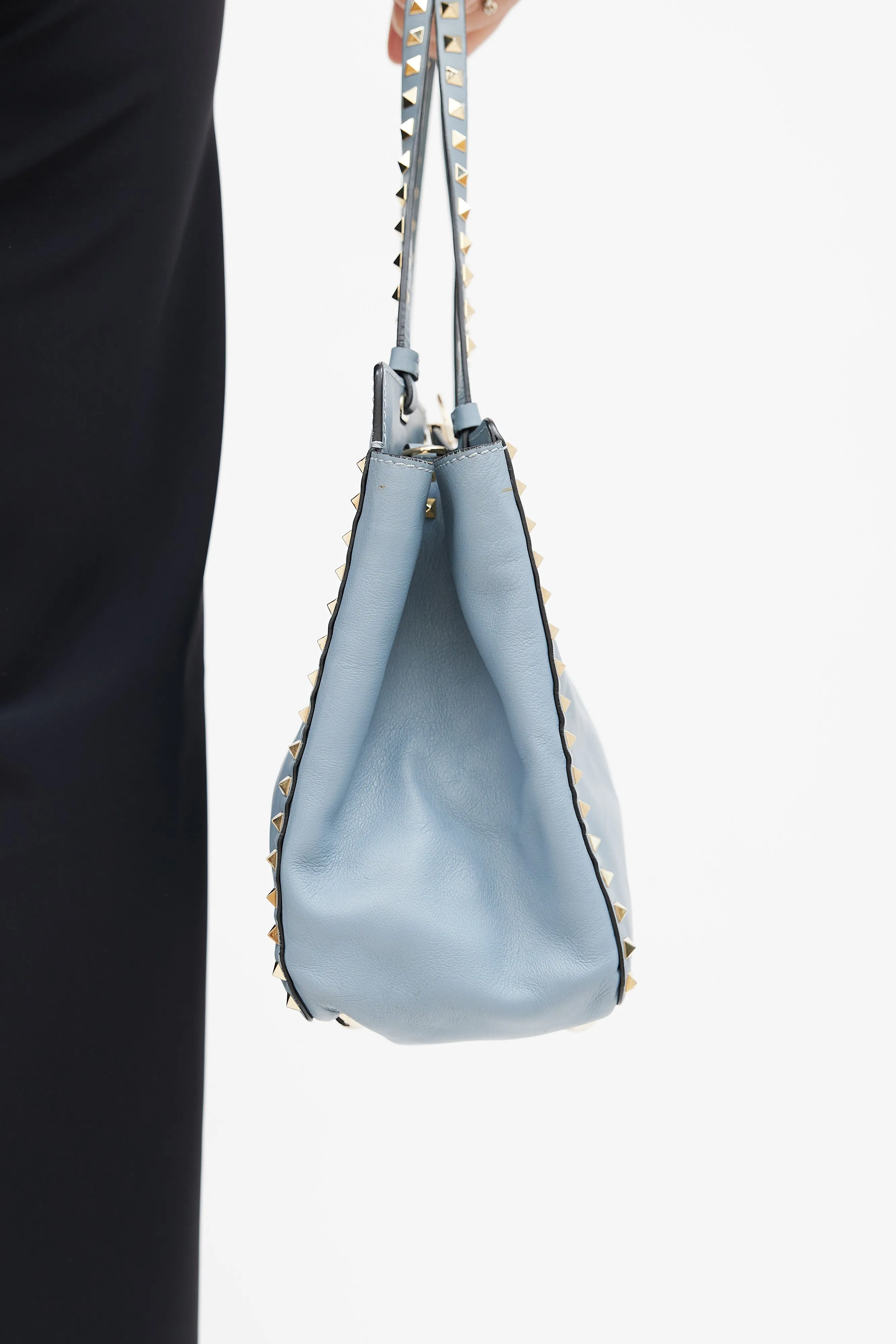 Blue Leather Rockstud Trapeze Tote Bag