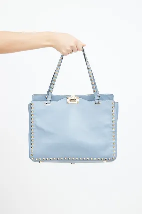 Blue Leather Rockstud Trapeze Tote Bag