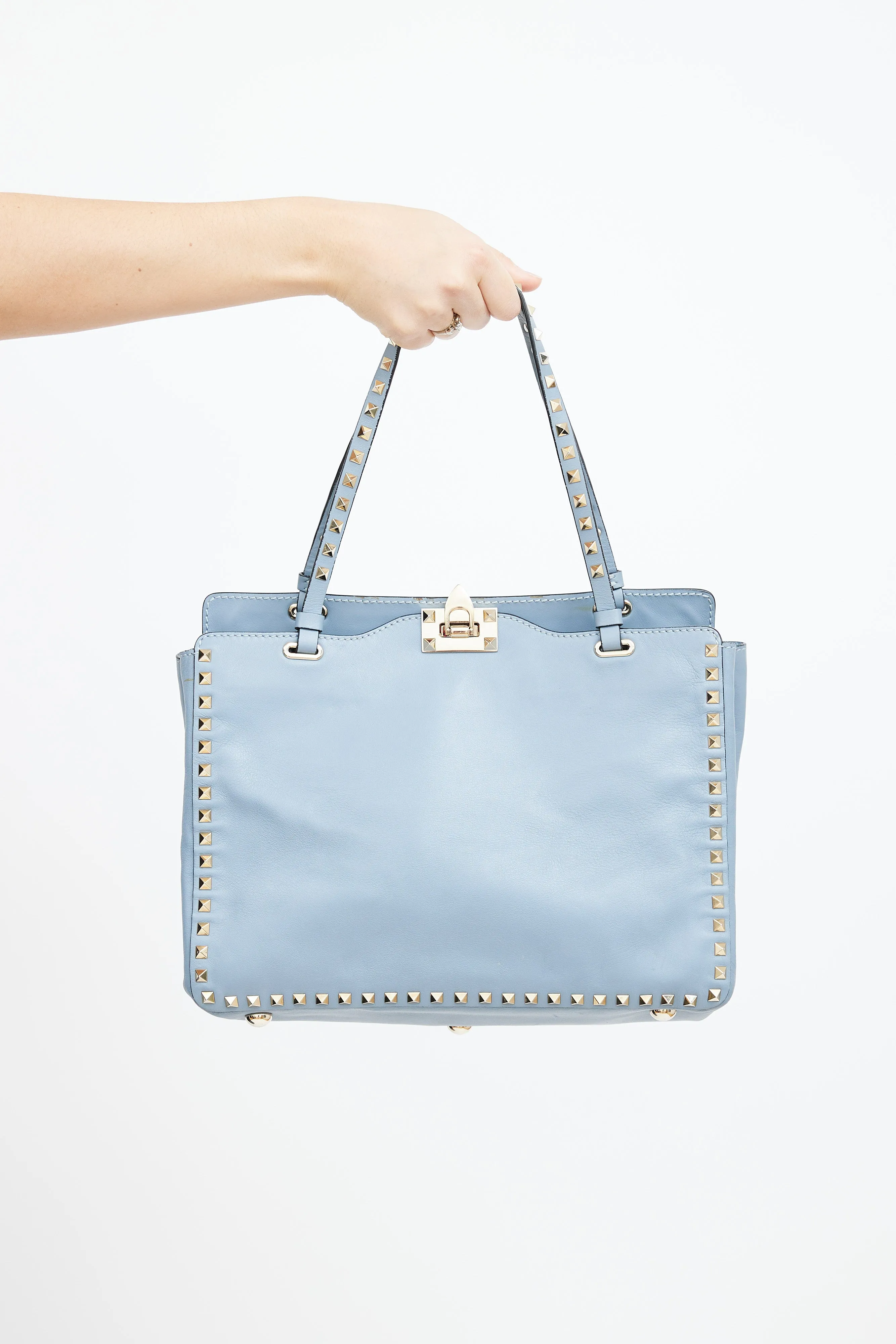 Blue Leather Rockstud Trapeze Tote Bag