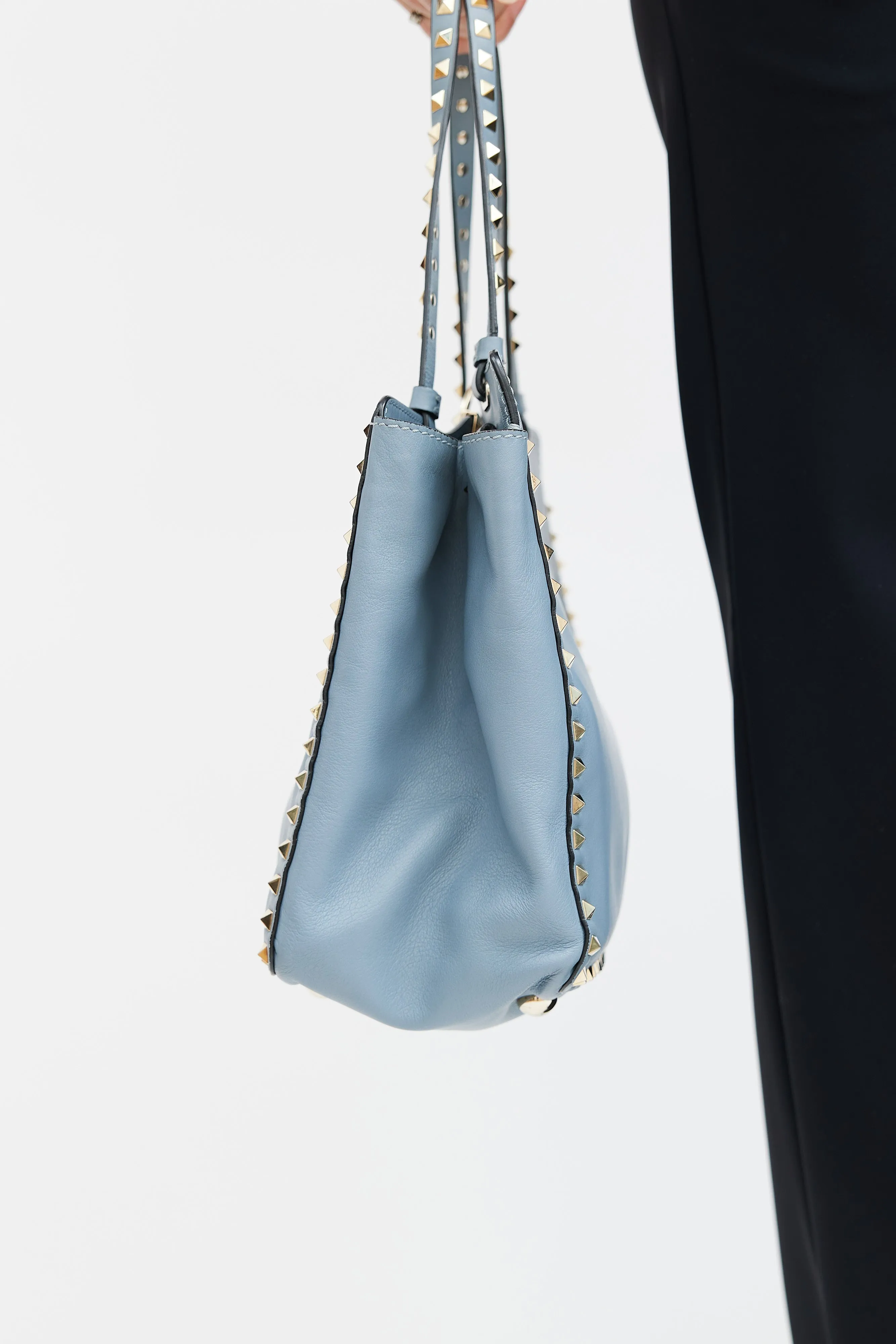 Blue Leather Rockstud Trapeze Tote Bag