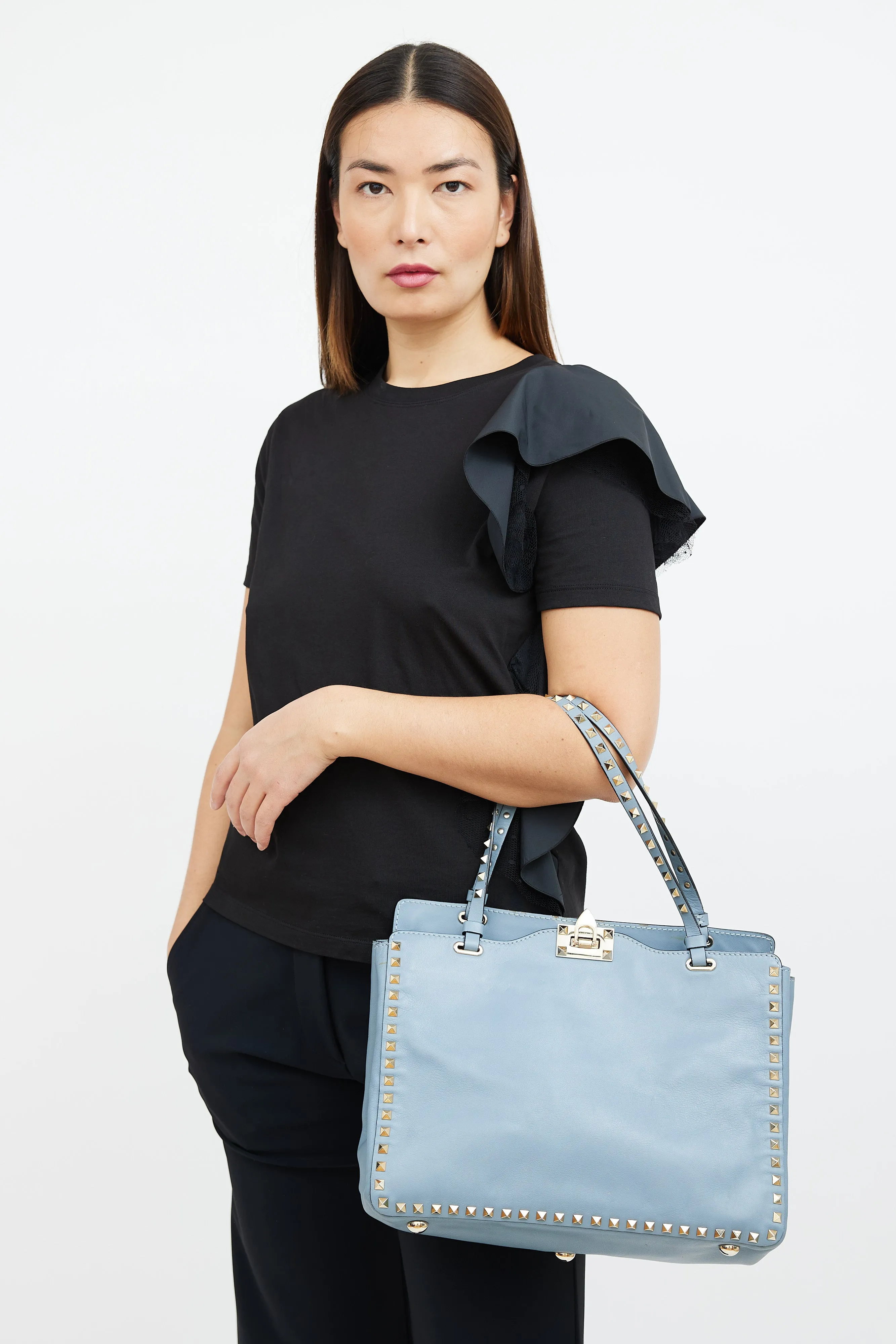 Blue Leather Rockstud Trapeze Tote Bag